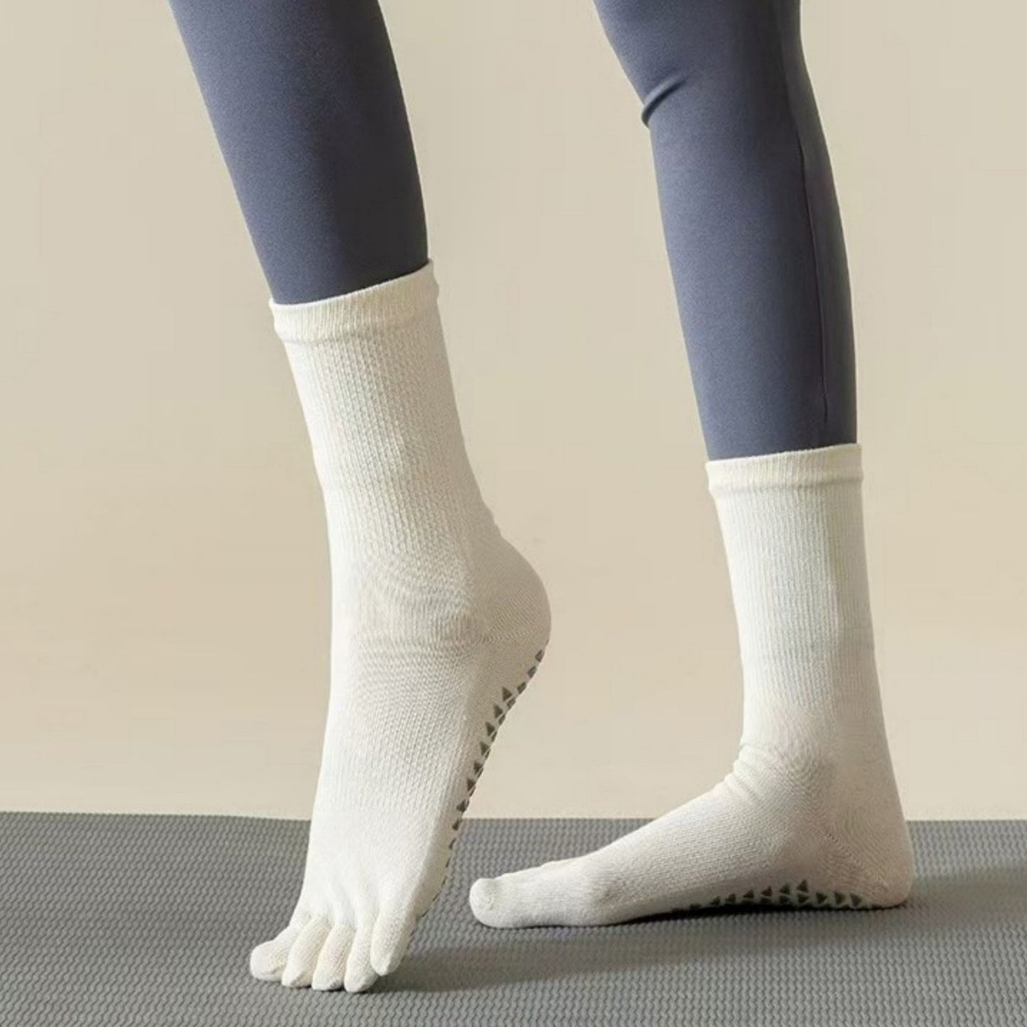 Anna-Kaci Women's 2-Pack Grip Toe Socks with Non-Slip Soles and Ribbed Knit in Neutral Tones for Yoga and Studio Classes
