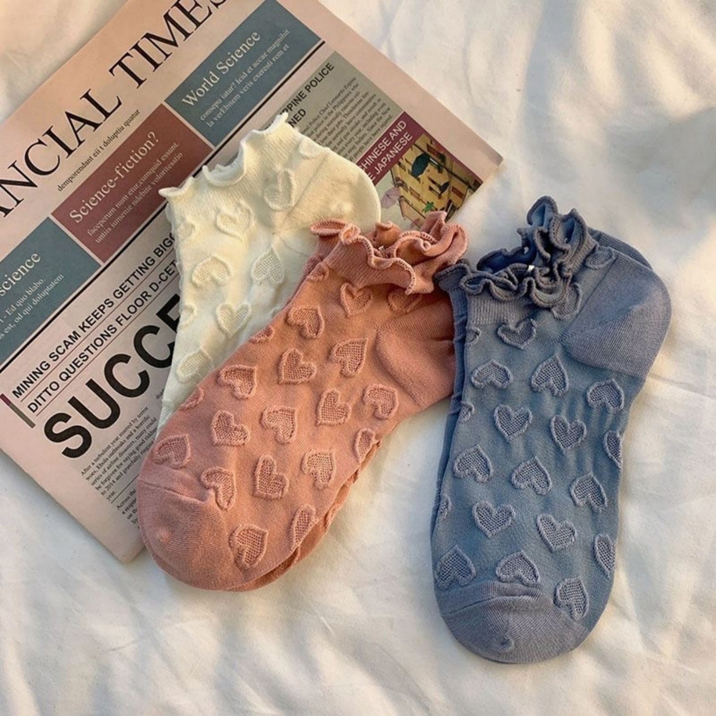 Anna-Kaci Women's 3-Pack Heart Knit Ankle Socks with Ruffle Trim and Soft Stretchy Fabric