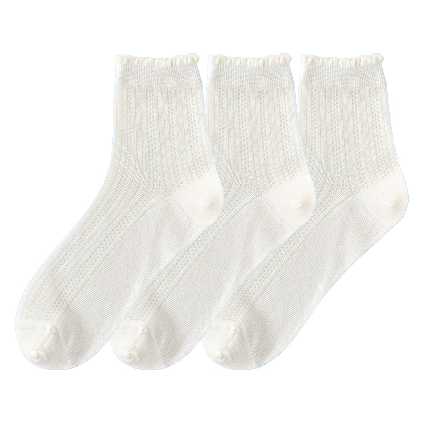 Anna-Kaci 3 Pairs Women's Ruffle Trim Crew Socks Soft Cotton Knit Lightweight Ribbed Texture with Scalloped Edge for Everyday Wear