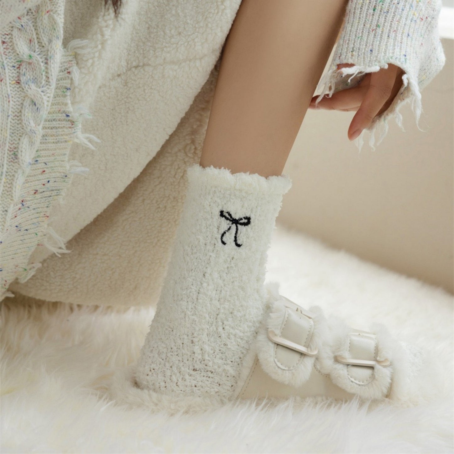Anna-Kaci Women's 3-Pack Fuzzy Crew Socks with Embroidered Bow Detail and Soft Plush Texture