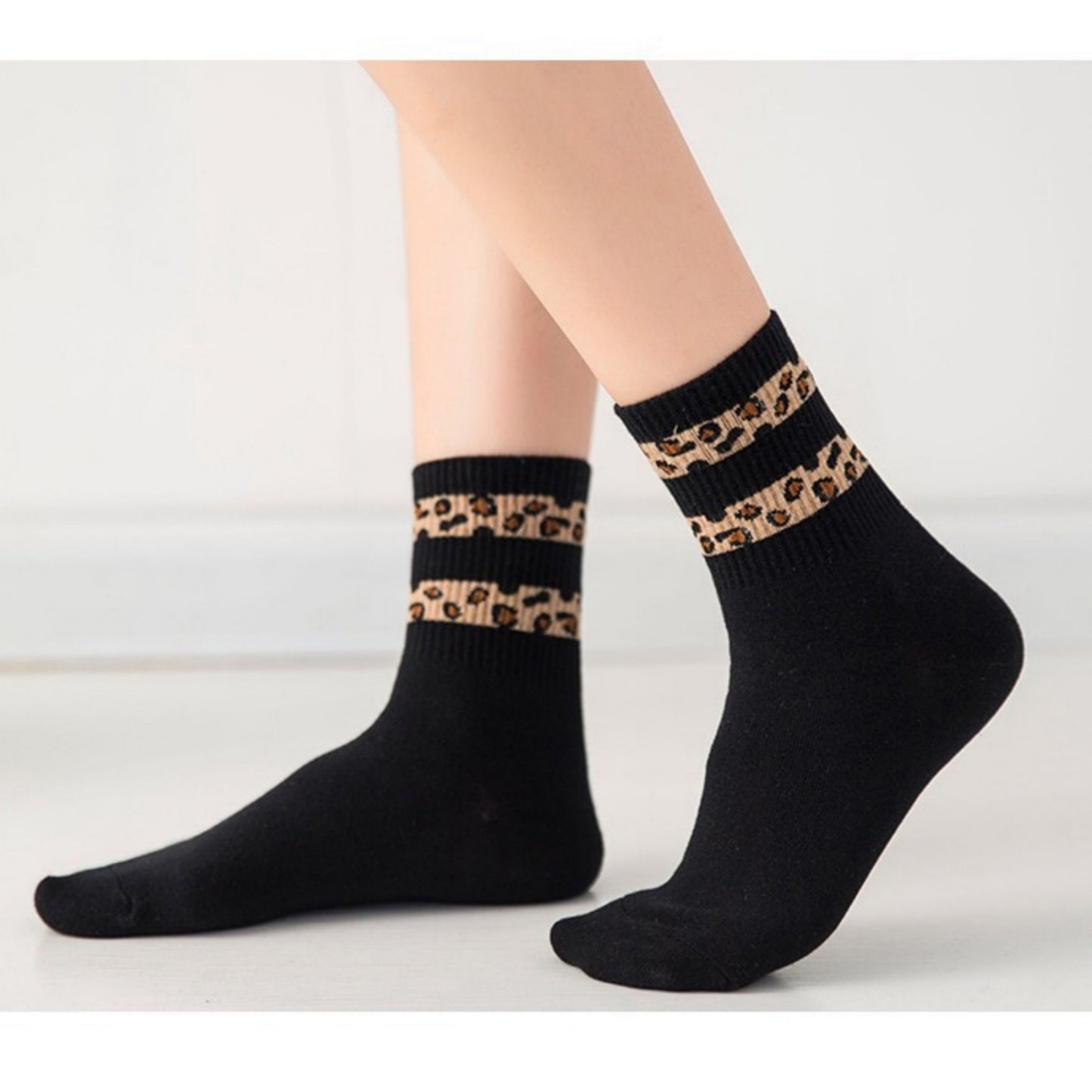 Anna-Kaci Women's 3-Pack Crew Socks with Ribbed Leopard Print Cuffs and Soft Stretch Knit Design
