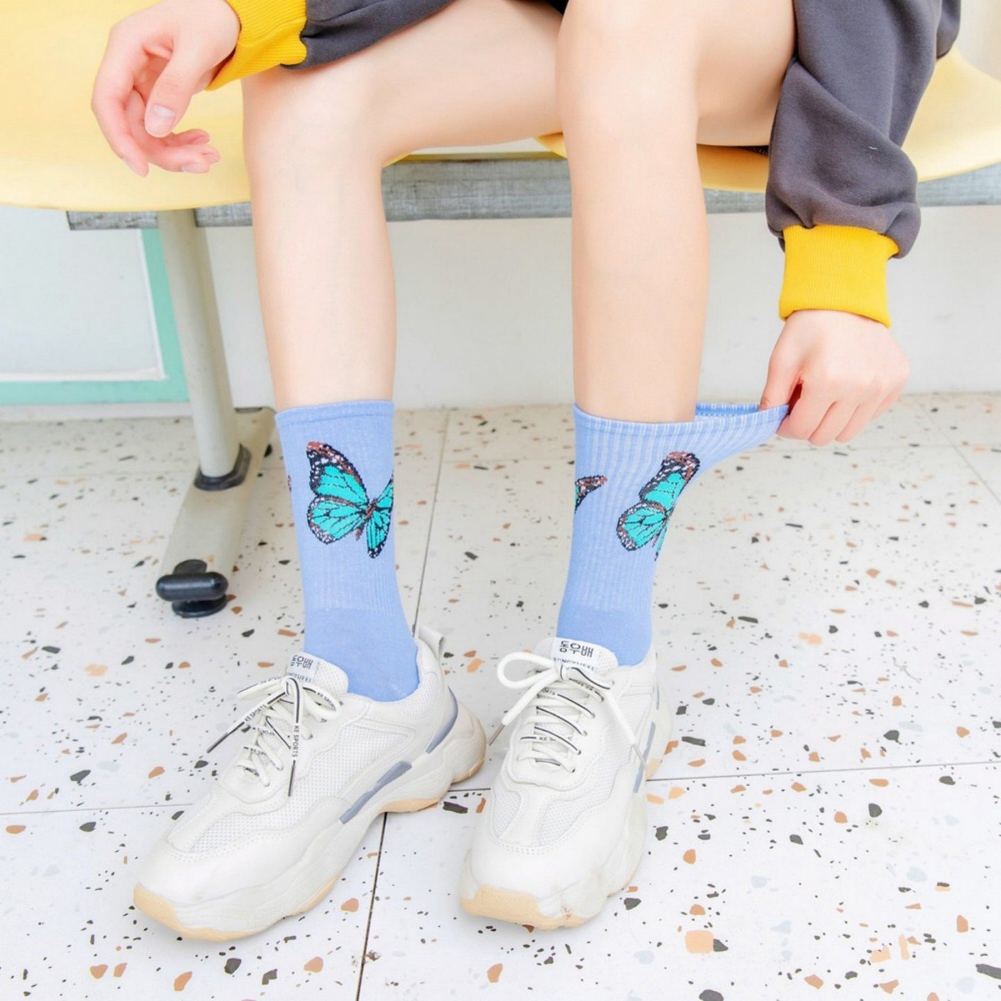 Anna-Kaci Women's 2-Pack Butterfly Graphic Crew Socks Soft Knit Ribbed Cuff Stylish Casual Sock Set