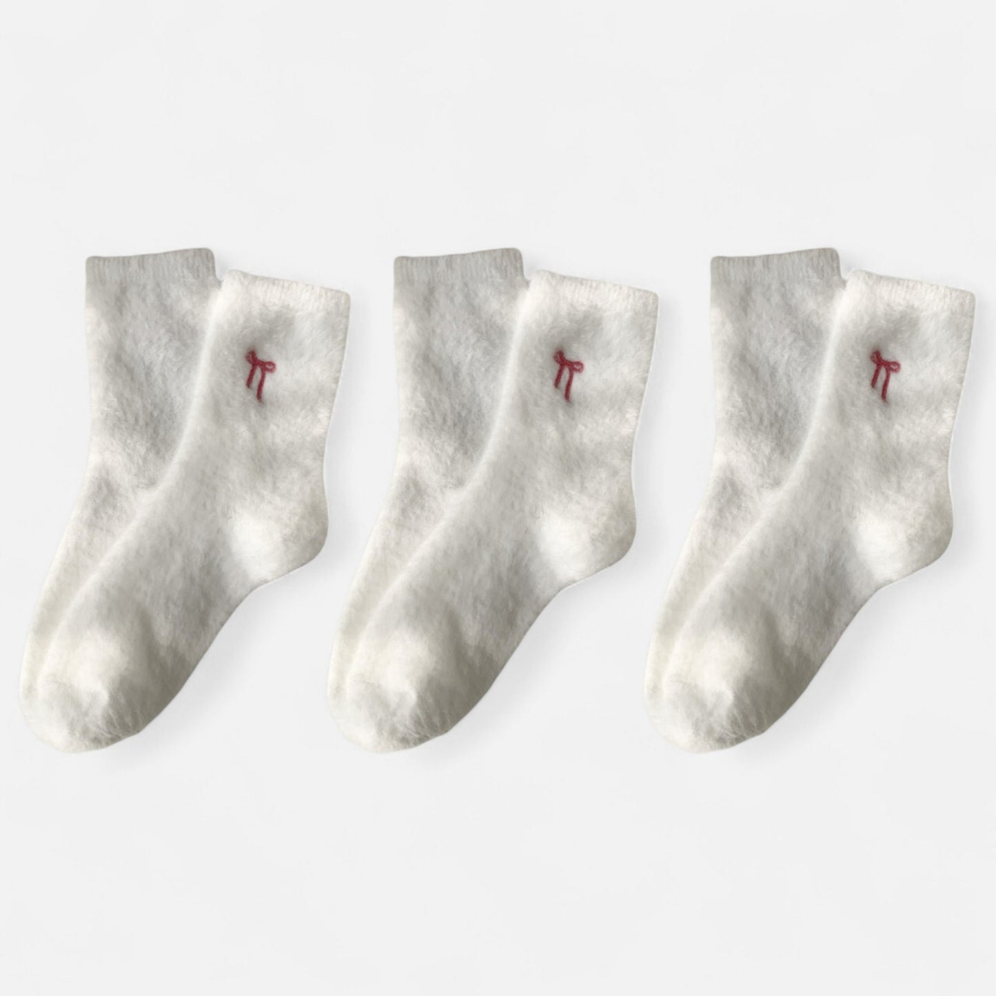 Anna-Kaci Women's 3-Pack Fuzzy Crew Socks with Embroidered Bow Detail Soft Cozy Lounge Sock Set