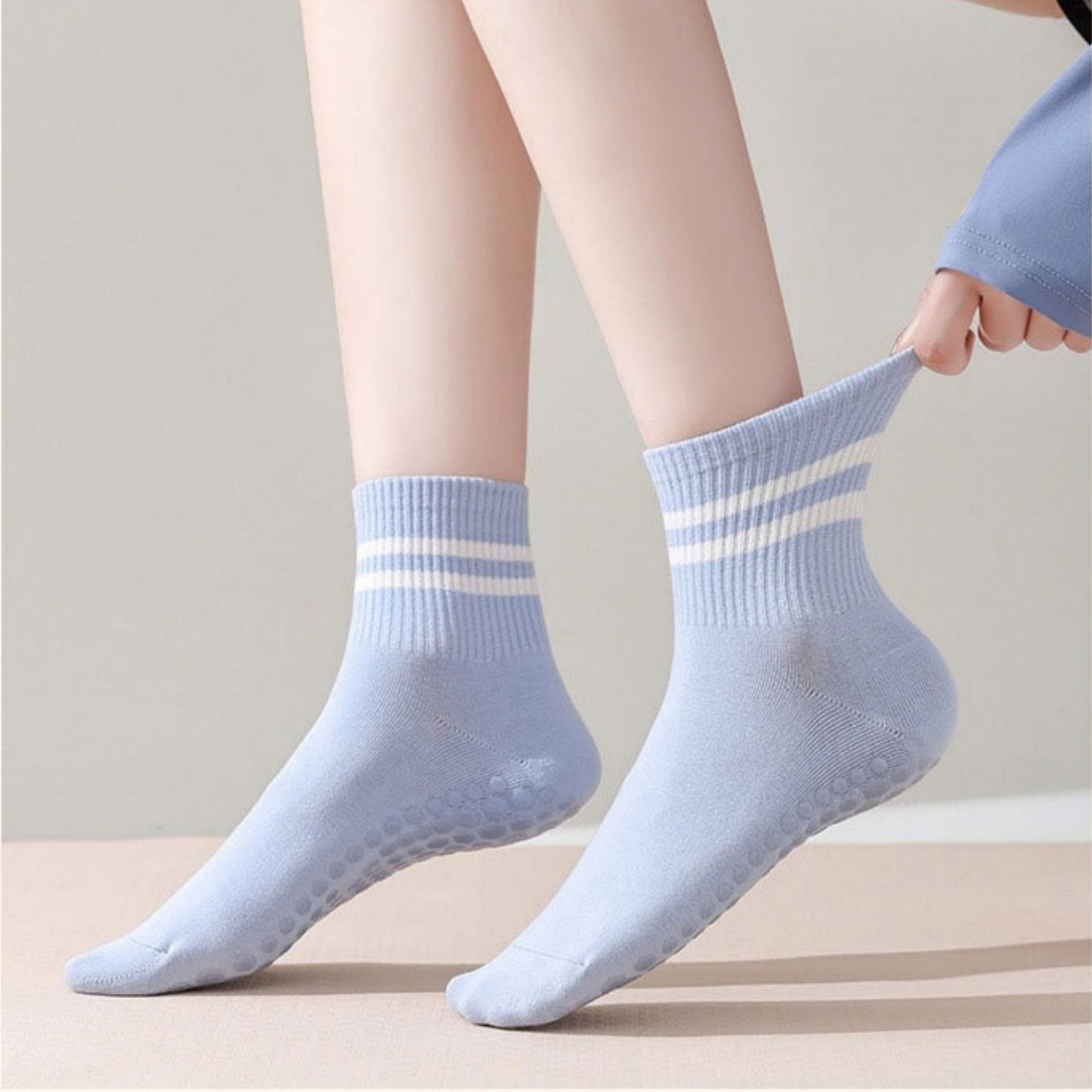 Anna-Kaci Women's 3-Pack Ankle Socks with Rubber Grips and Striped Ribbed Cuffs Soft Non-Slip Sporty Style