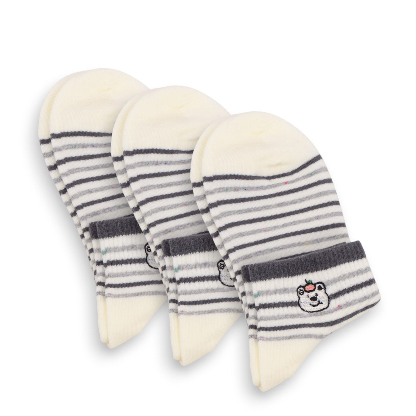Anna-Kaci 3-Pack Women's Cartoon Embroidered Cotton Ankle Socks with Stripes and Color Speckle Design