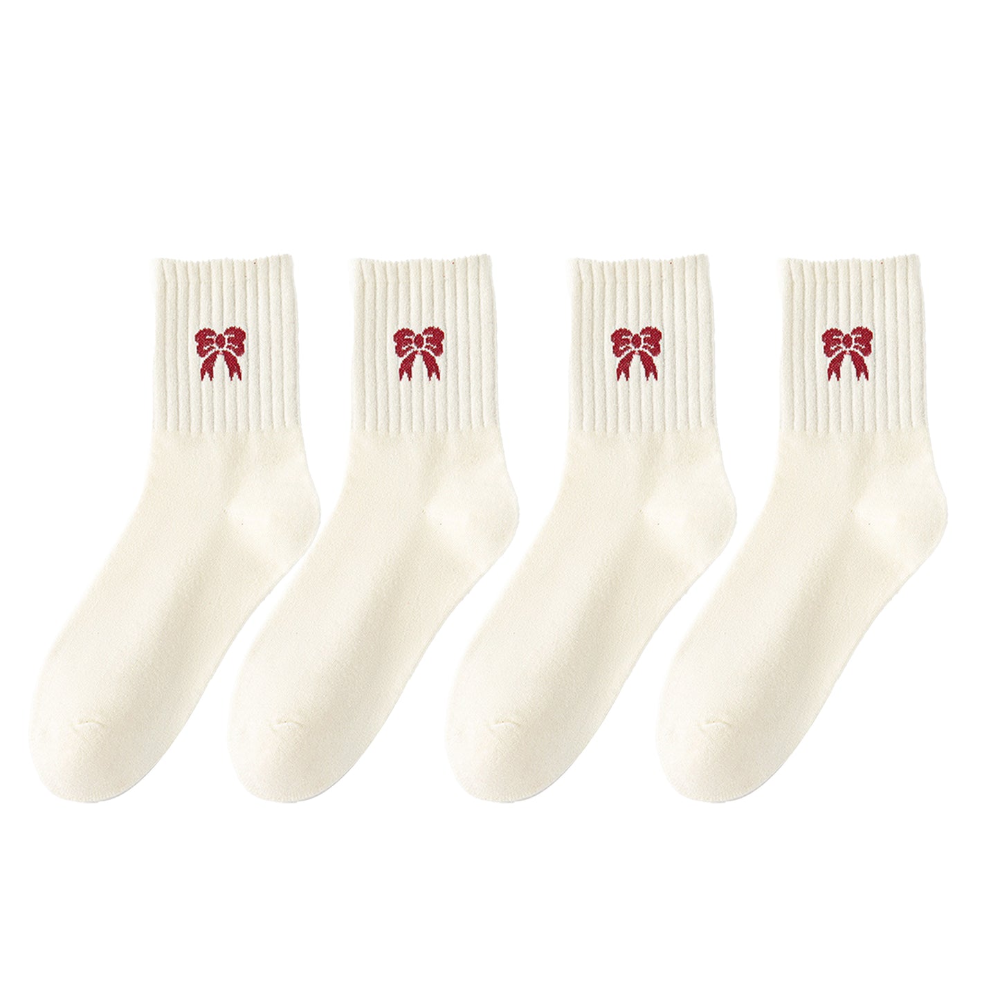 Anna-Kaci Women's 4 Pairs Striped and Solid Knit Socks with Bow Embroidery Ribbed Cuffs and Soft Stretch Fabric