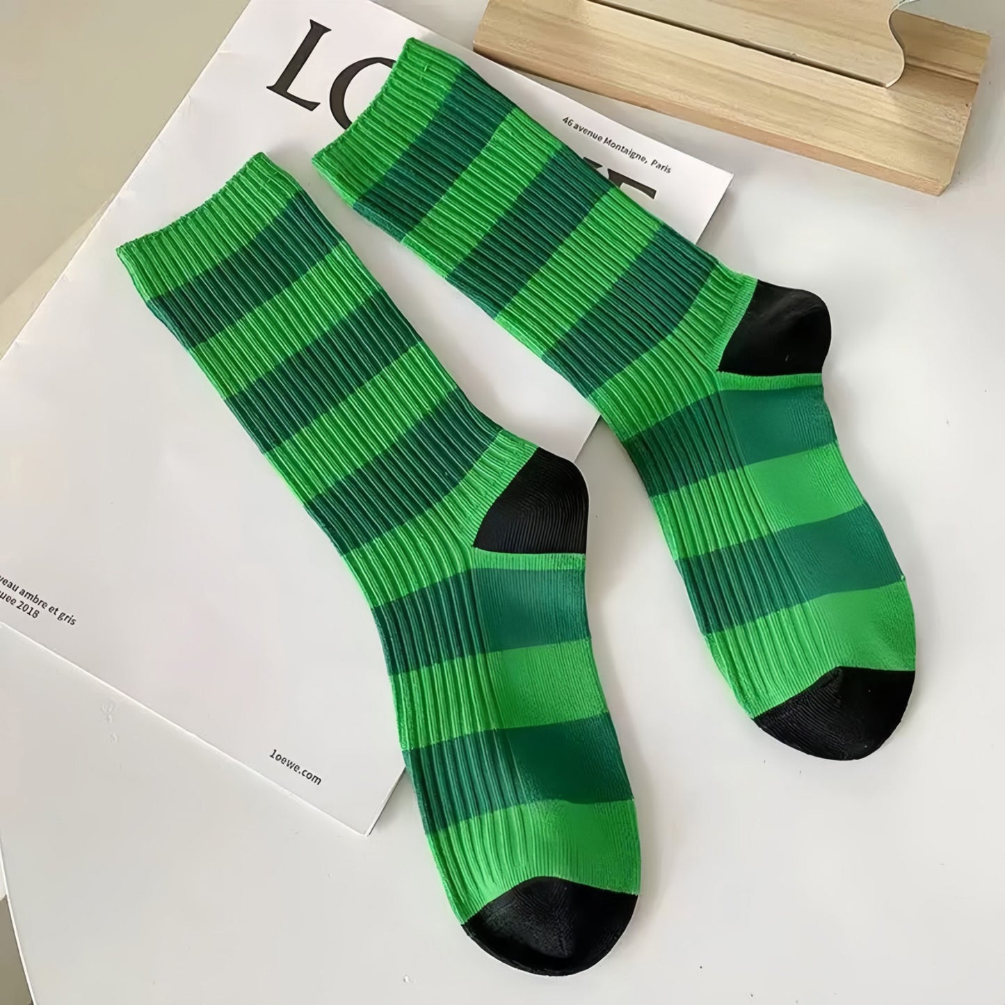 Anna-Kaci Women's 3-Pack Crew Socks with Wide Ribbed Knit and Bold Horizontal Stripe Pattern