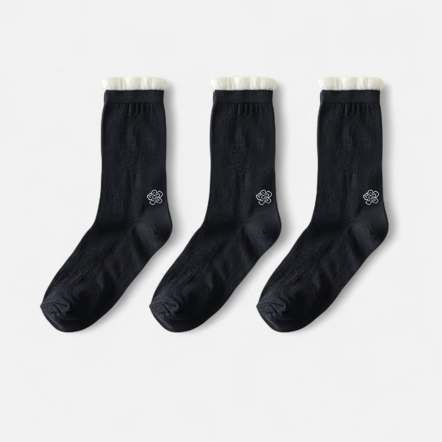 Anna-Kaci Women's 3-Pack Sheer Floral Embroidered Socks with Contrast Ruffle Cuff and Delicate Flower Accents