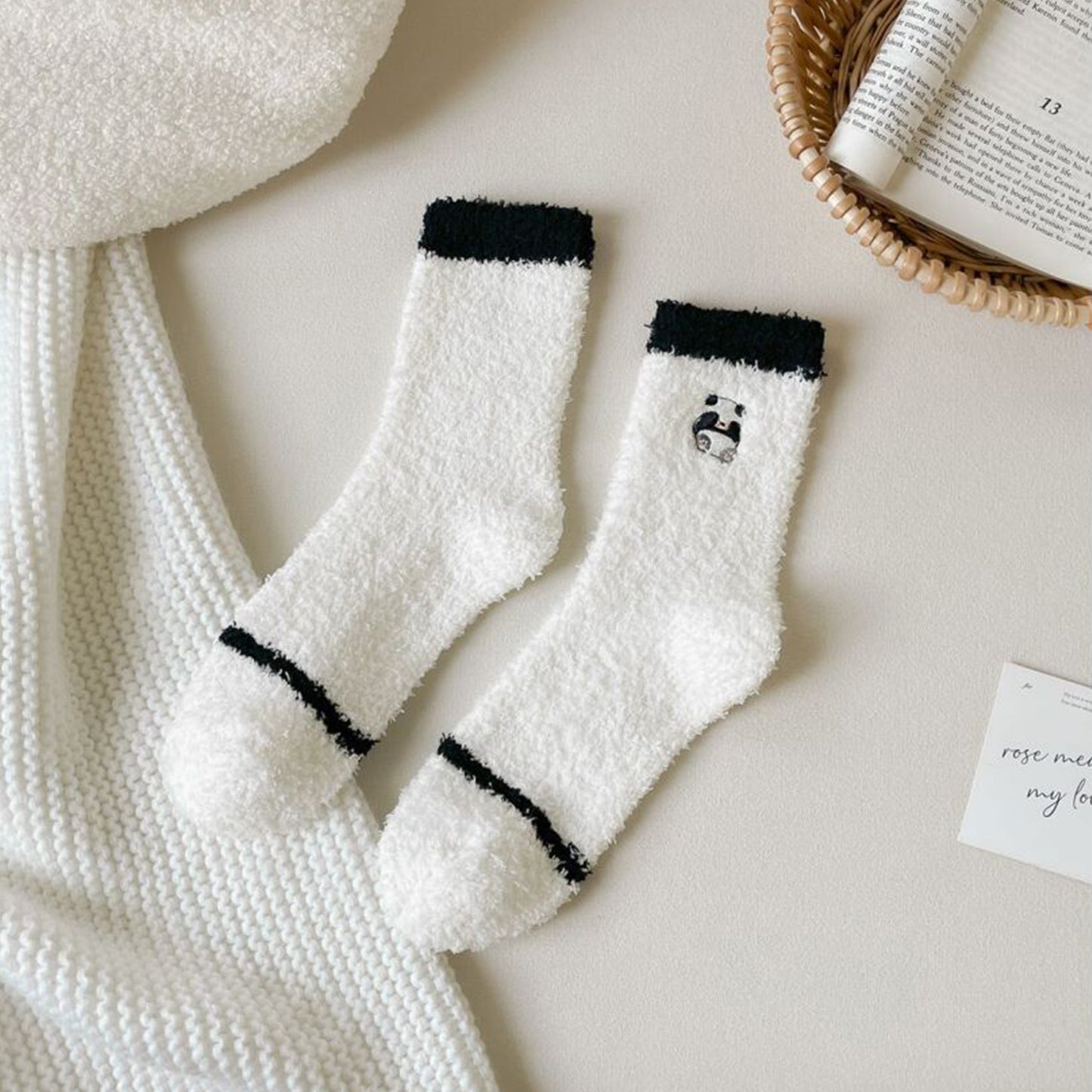 Anna-Kaci 3 Pairs Cozy Fluffy Crew Socks with Cute Panda Embroidery and Fun Pattern Designs