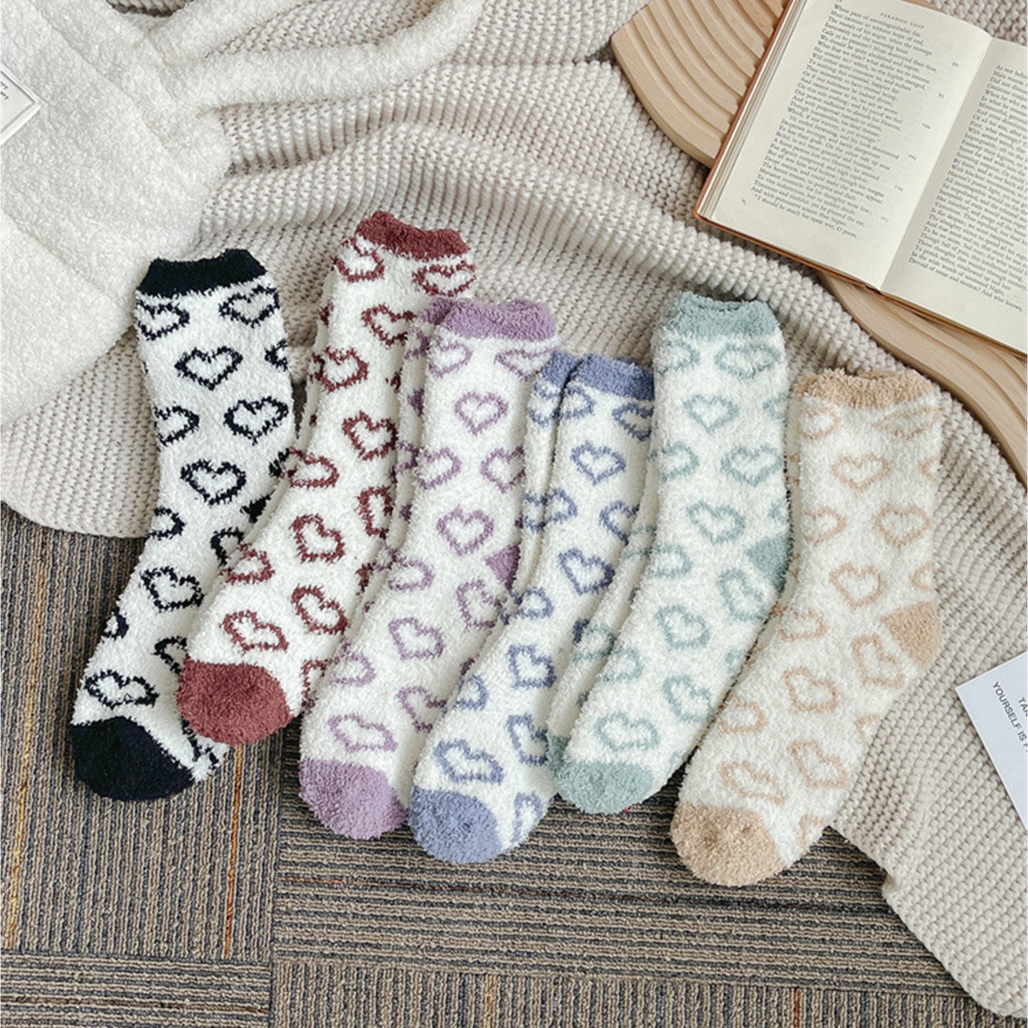 Anna-Kaci 3 Pairs Cozy Fluffy Crew Socks with Heart Pattern Design for Women