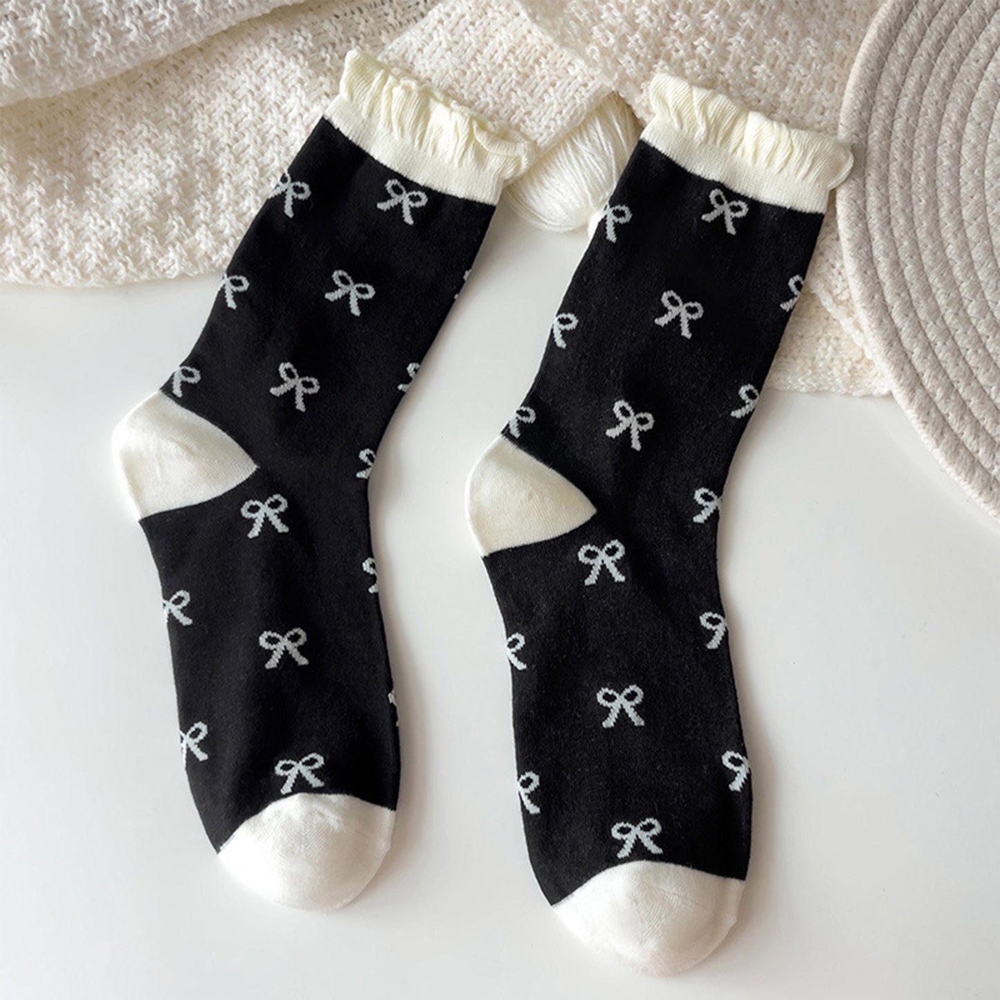 Anna-Kaci 3 Pairs Women's Mid-Calf Socks with Bow Pattern and Ruffled Cuff