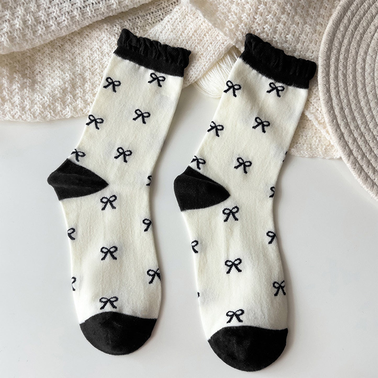 Anna-Kaci 3 Pairs Women's Mid-Calf Socks with Bow Pattern and Ruffled Cuff