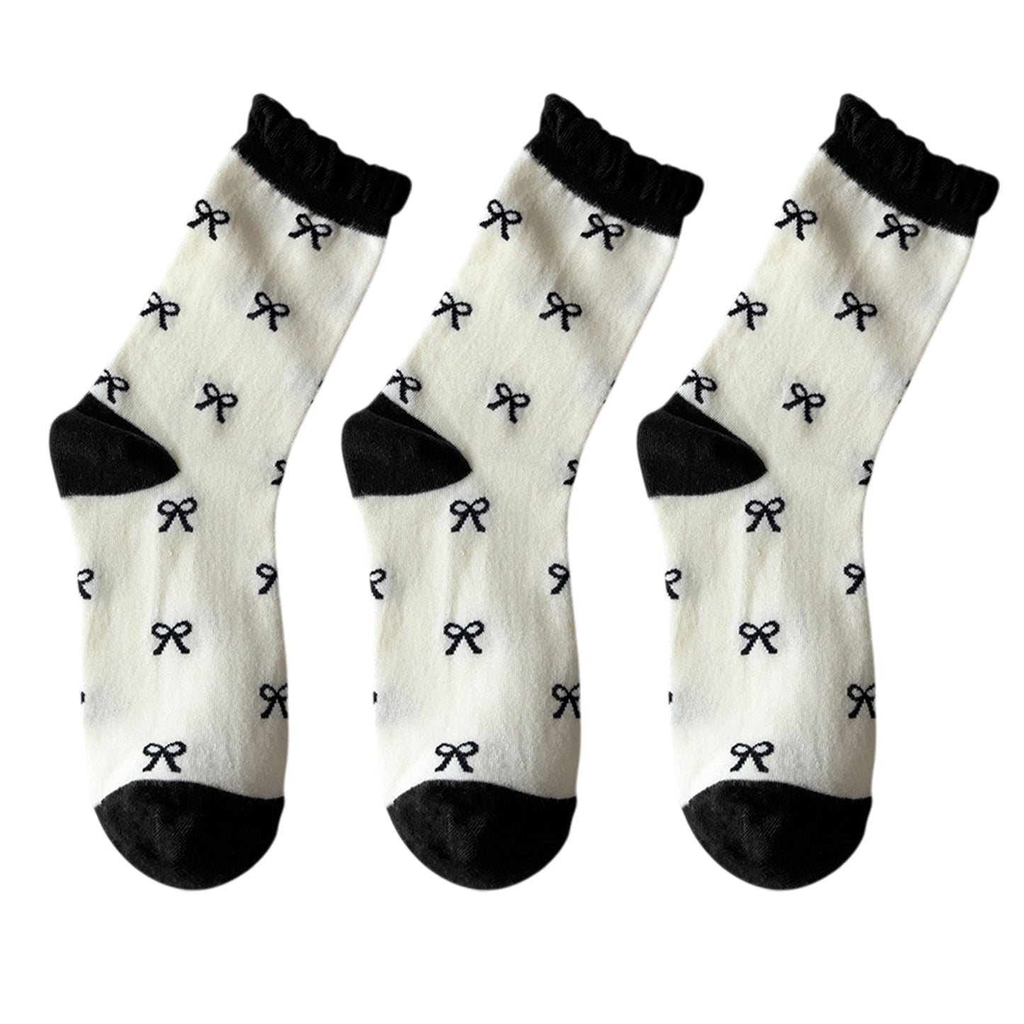 Anna-Kaci 3 Pairs Women's Mid-Calf Socks with Bow Pattern and Ruffled Cuff