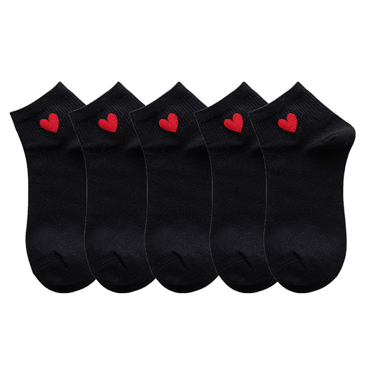 Anna-Kaci Women's 5-Pair Ankle Socks with Ribbed Cuff and Embroidered Heart Accent for Everyday Comfort and Style