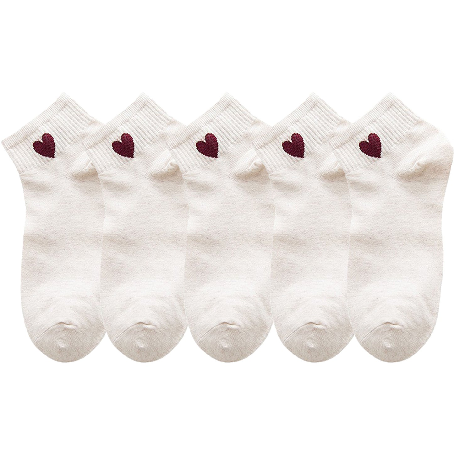 Anna-Kaci Women's 5-Pair Ankle Socks with Ribbed Cuff and Embroidered Heart Accent for Everyday Comfort and Style
