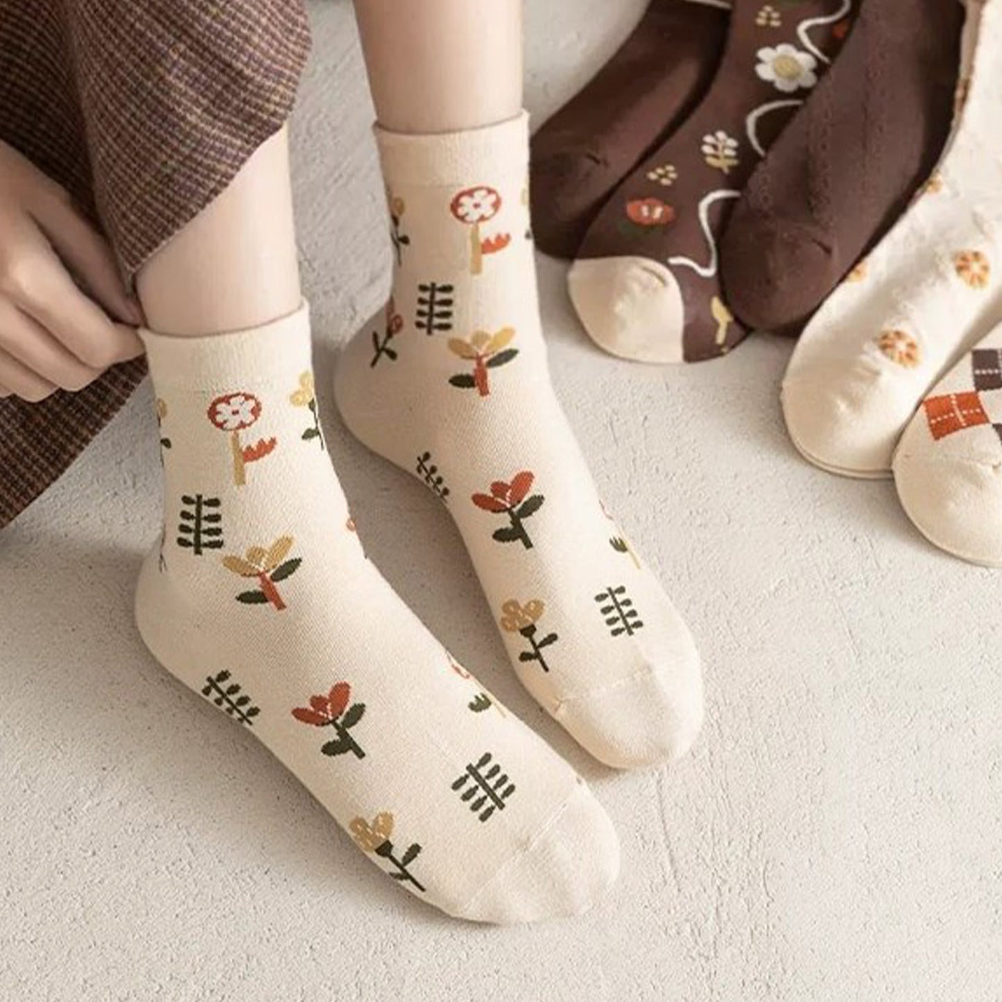 Anna-Kaci Women's 3-Pair Cotton Crew Socks Set with Checkered and Flower Textured Knit Patterns