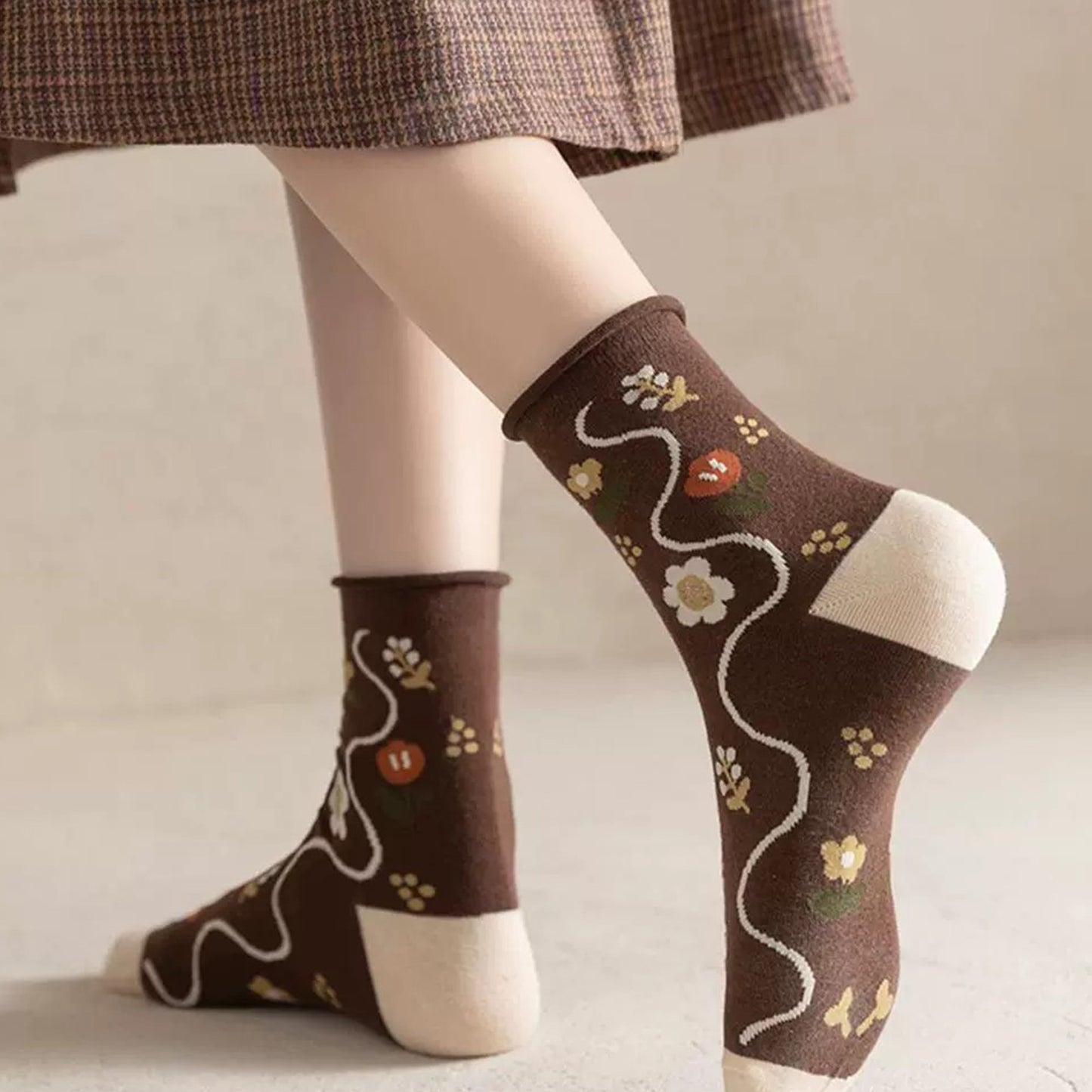 Anna-Kaci Women's 3-Pair Cotton Crew Socks Set with Checkered and Flower Textured Knit Patterns
