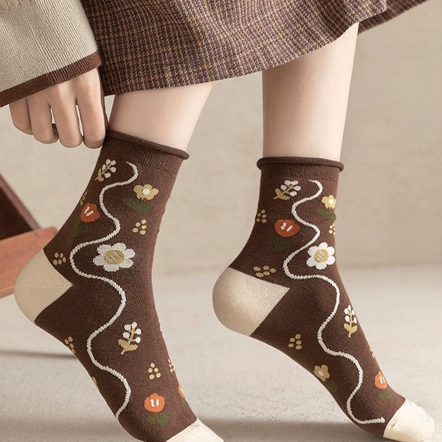 Anna-Kaci Women's 3-Pair Cotton Crew Socks Set with Checkered and Flower Textured Knit Patterns