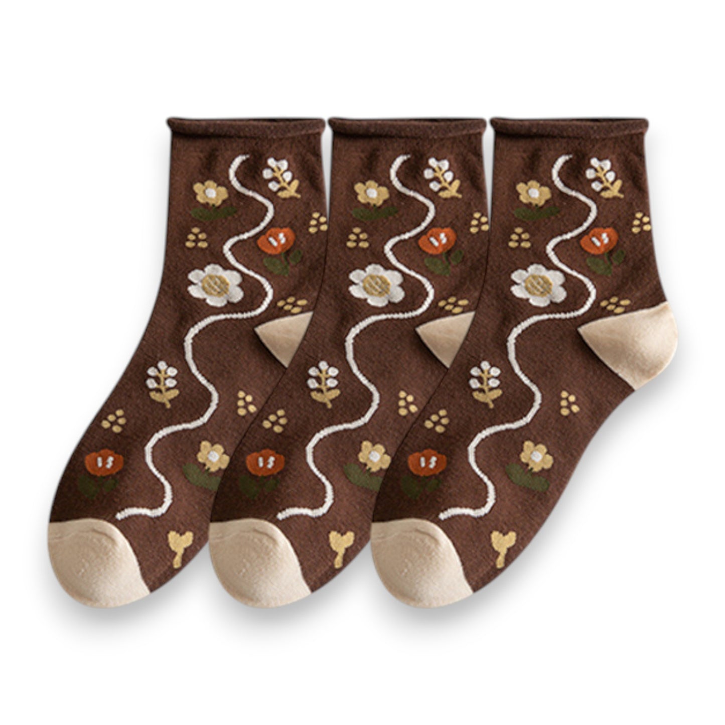Anna-Kaci Women's 3-Pair Cotton Crew Socks Set with Checkered and Flower Textured Knit Patterns
