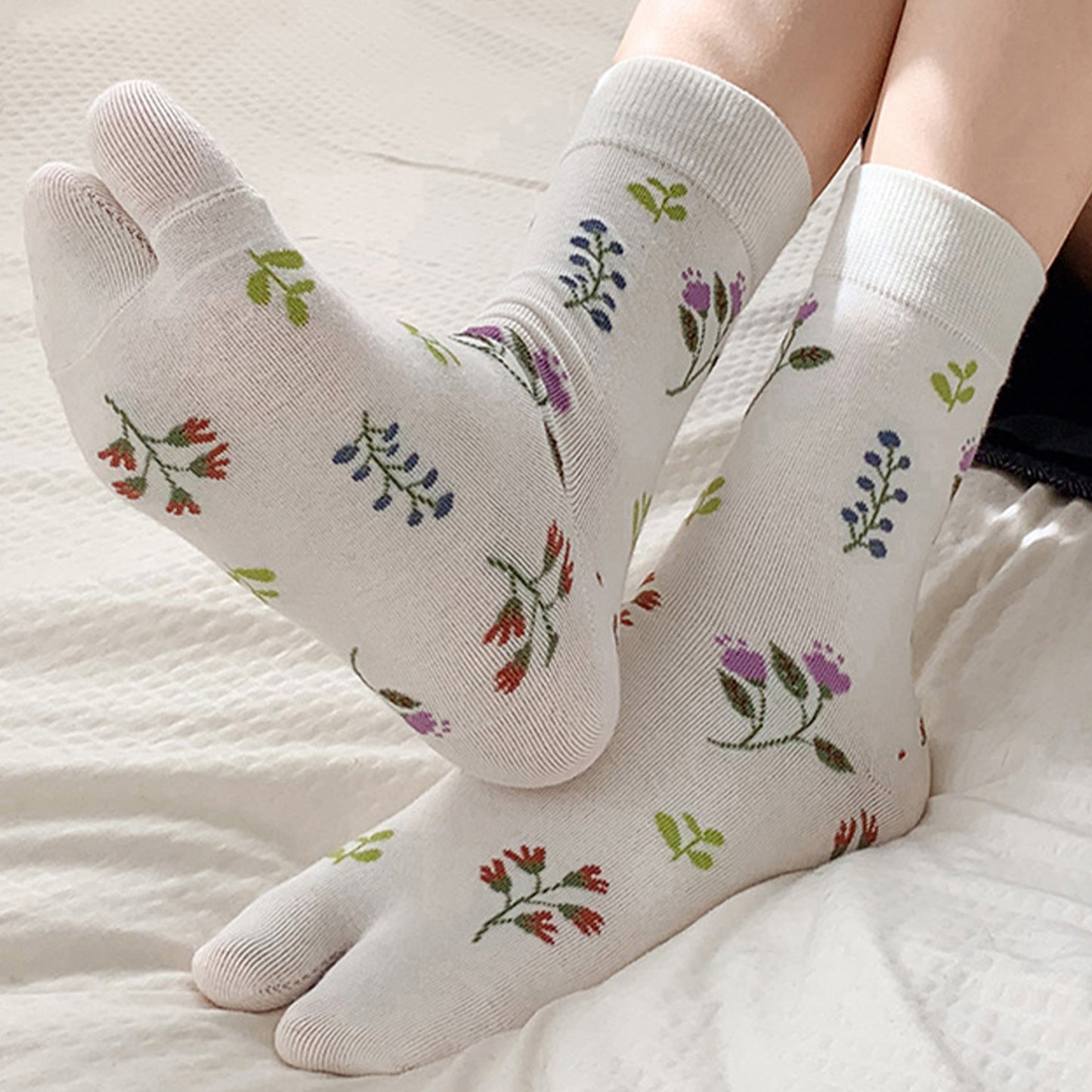 Anna-Kaci Women's 3 Pairs Floral Patterned Split-Toe Socks Soft Cotton Stretch Knit Crew Style