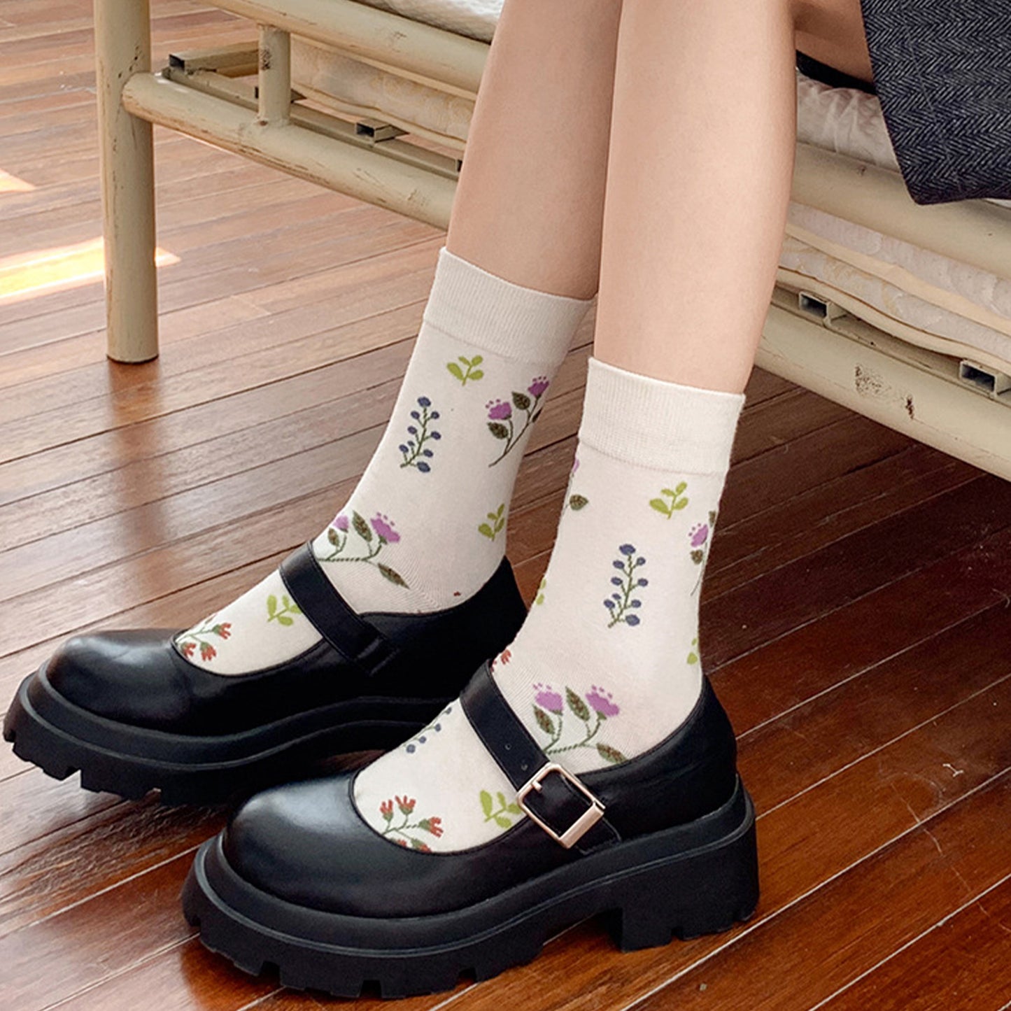Anna-Kaci Women's 3 Pairs Floral Patterned Split-Toe Socks Soft Cotton Stretch Knit Crew Style
