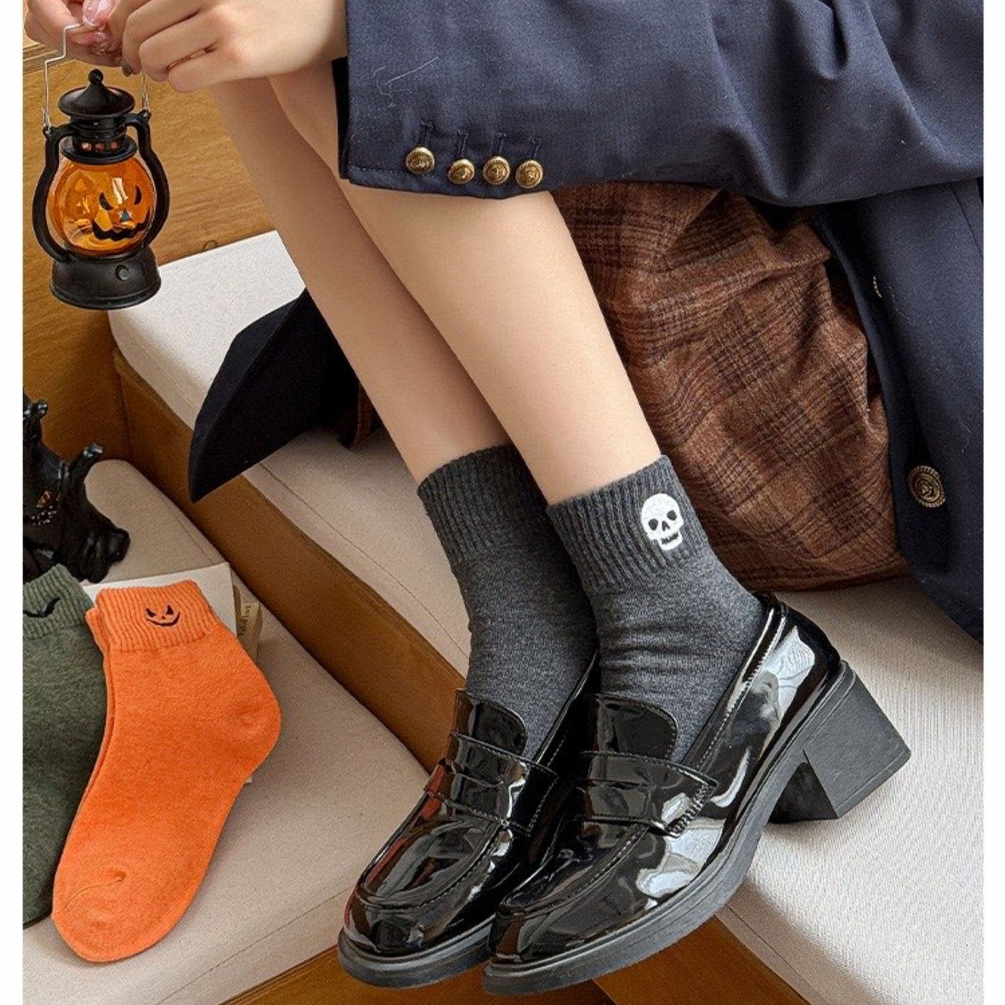 Anna-Kaci Women's 3-Pack Crew Socks with Ribbed Cuffs in Festive Halloween Design