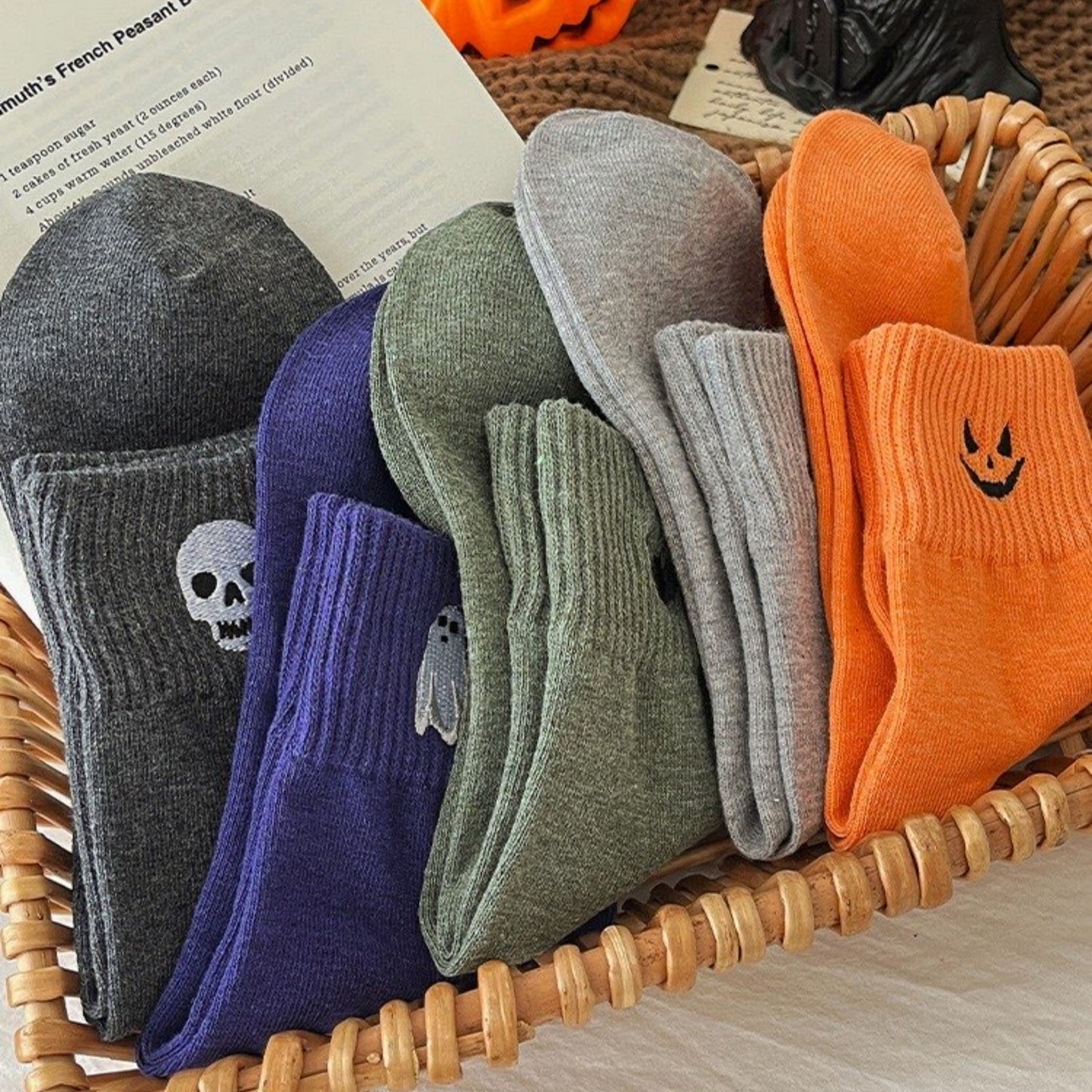 Anna-Kaci Women's 3-Pack Crew Socks with Ribbed Cuffs in Festive Halloween Design