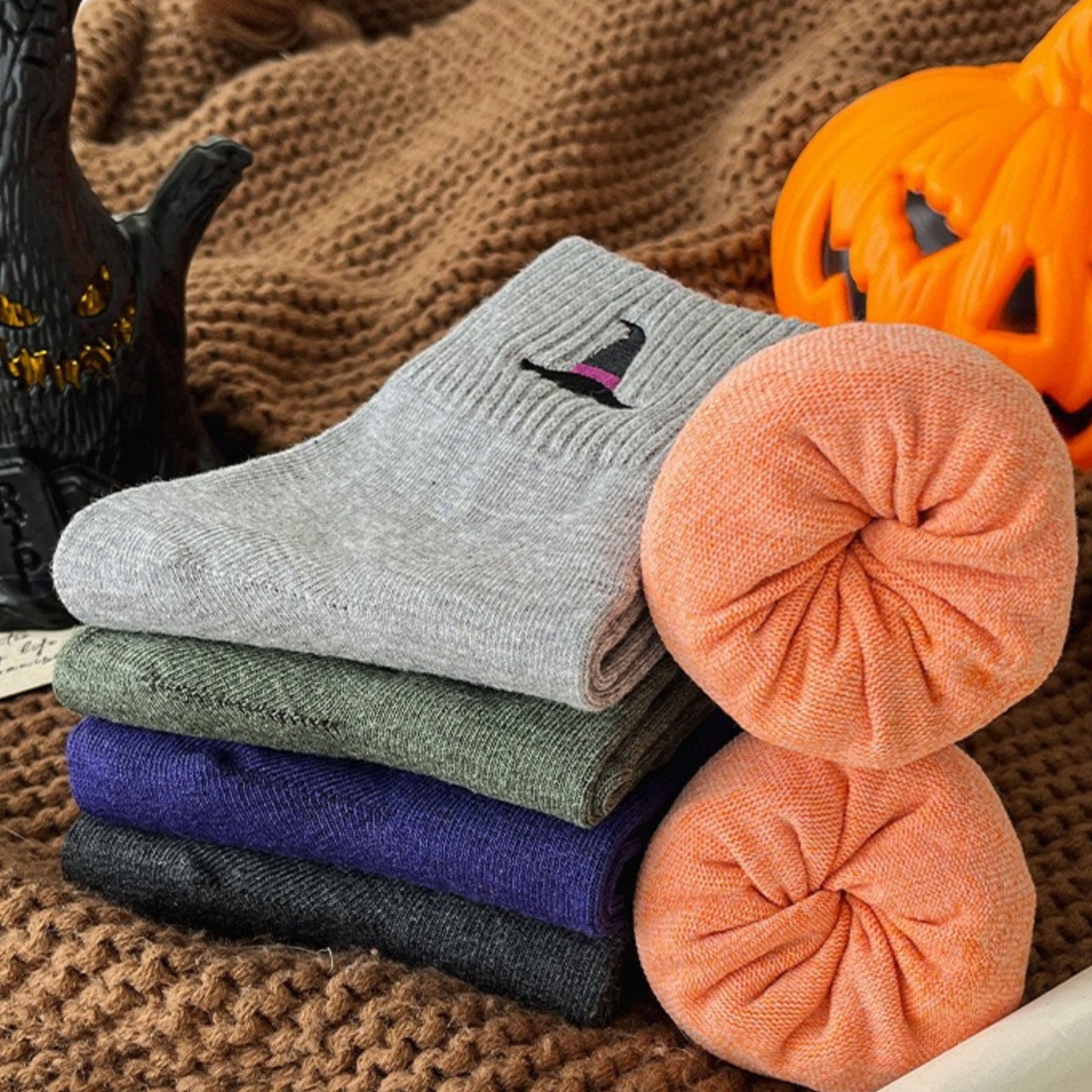 Anna-Kaci Women's 3-Pack Crew Socks with Ribbed Cuffs in Festive Halloween Design