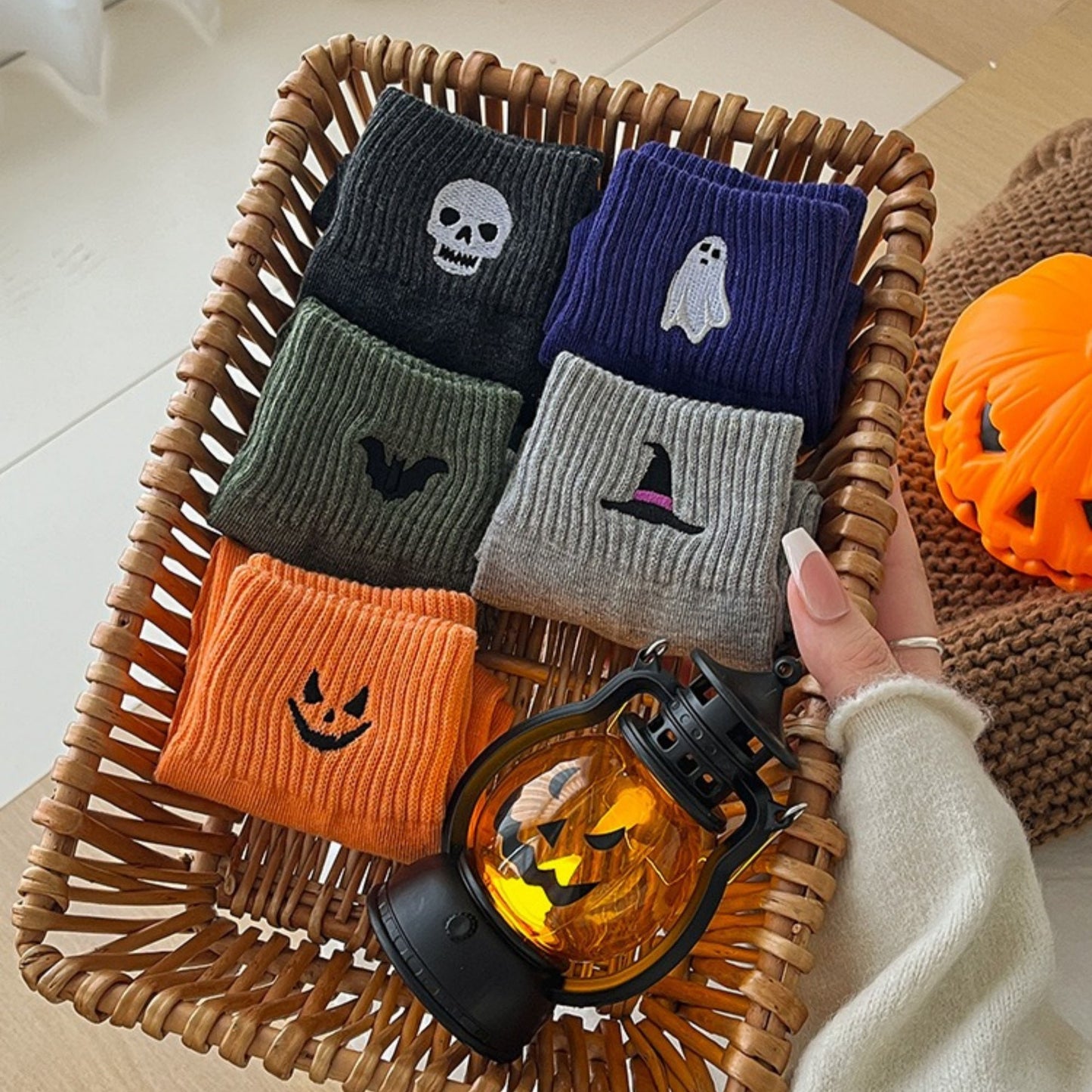 Anna-Kaci Women's 3-Pack Crew Socks with Ribbed Cuffs in Festive Halloween Design