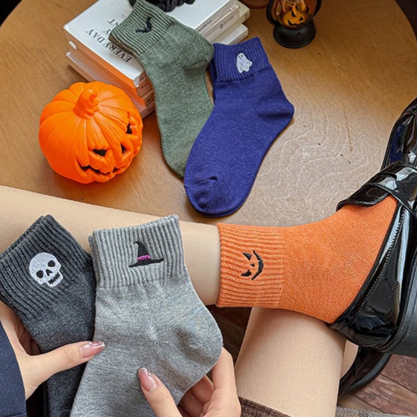 Anna-Kaci Women's 3-Pack Crew Socks with Ribbed Cuffs in Festive Halloween Design