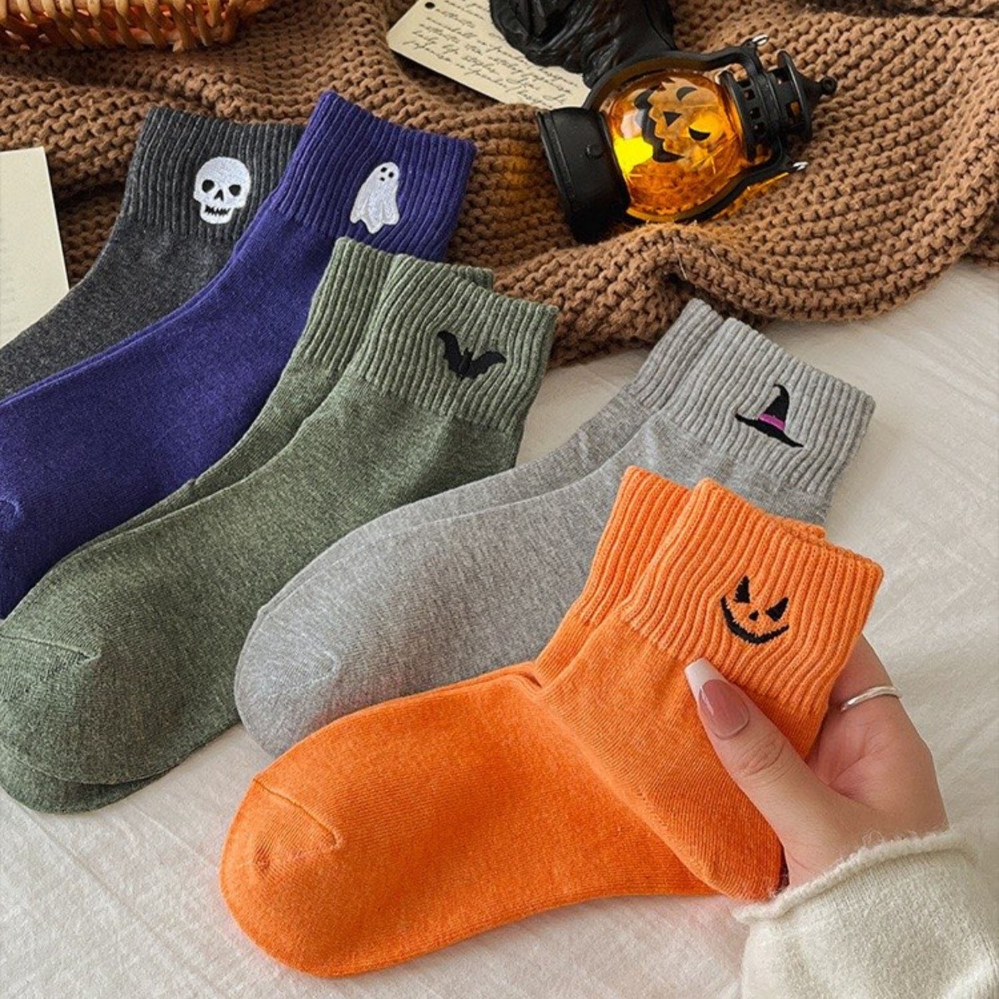 Anna-Kaci Women's 3-Pack Crew Socks with Ribbed Cuffs in Festive Halloween Design