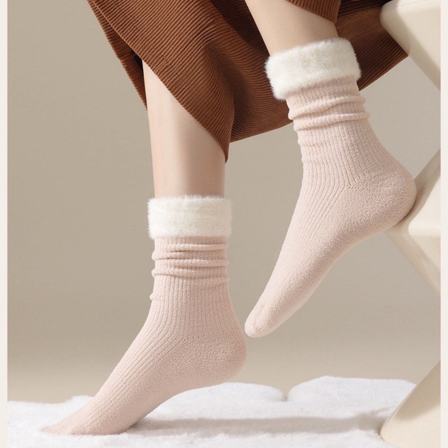 Anna-Kaci Women's 3-Pair Plush Cuffed Crew Socks Soft Knit Ribbed Design Comfortable Everyday Wear