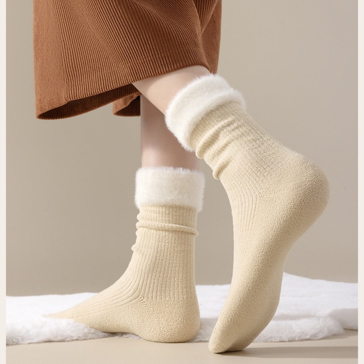 Anna-Kaci Women's 3-Pair Plush Cuffed Crew Socks Soft Knit Ribbed Design Comfortable Everyday Wear