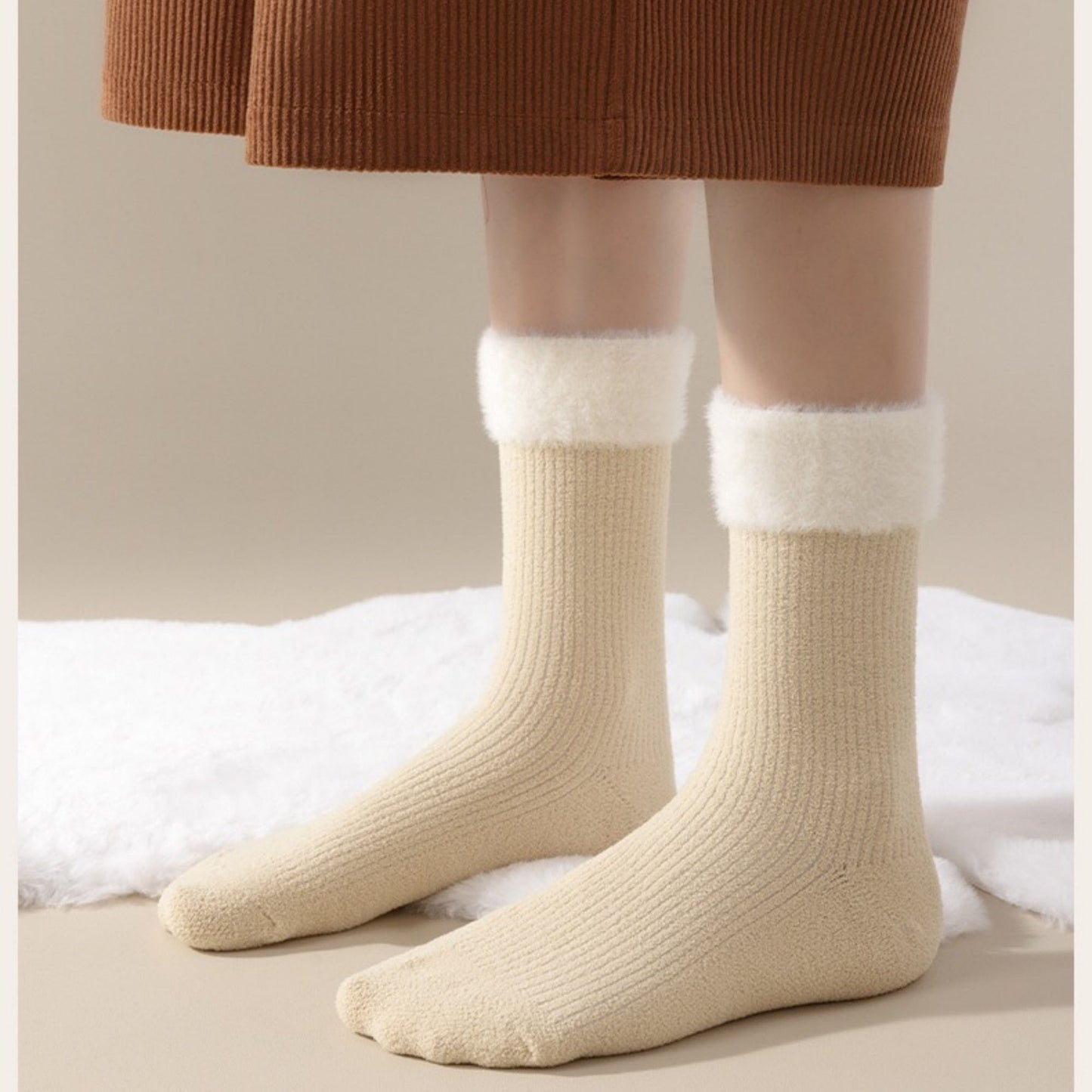 Anna-Kaci Women's 3-Pair Plush Cuffed Crew Socks Soft Knit Ribbed Design Comfortable Everyday Wear