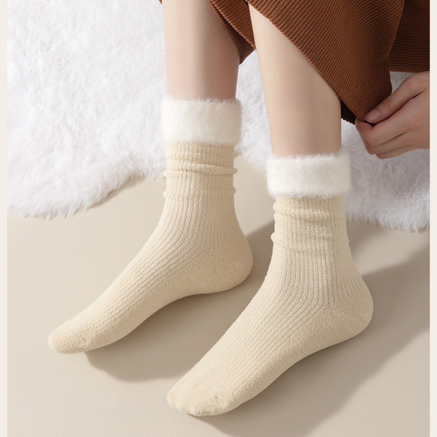 Anna-Kaci Women's 3-Pair Plush Cuffed Crew Socks Soft Knit Ribbed Design Comfortable Everyday Wear
