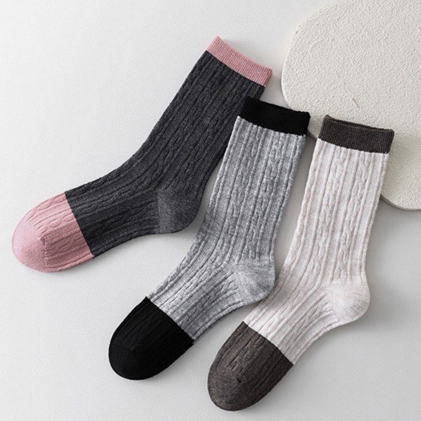 Anna-Kaci Women's 3 Pair Cable Knit Crew Socks with Contrast Color Block Design and Soft Stretch Comfort