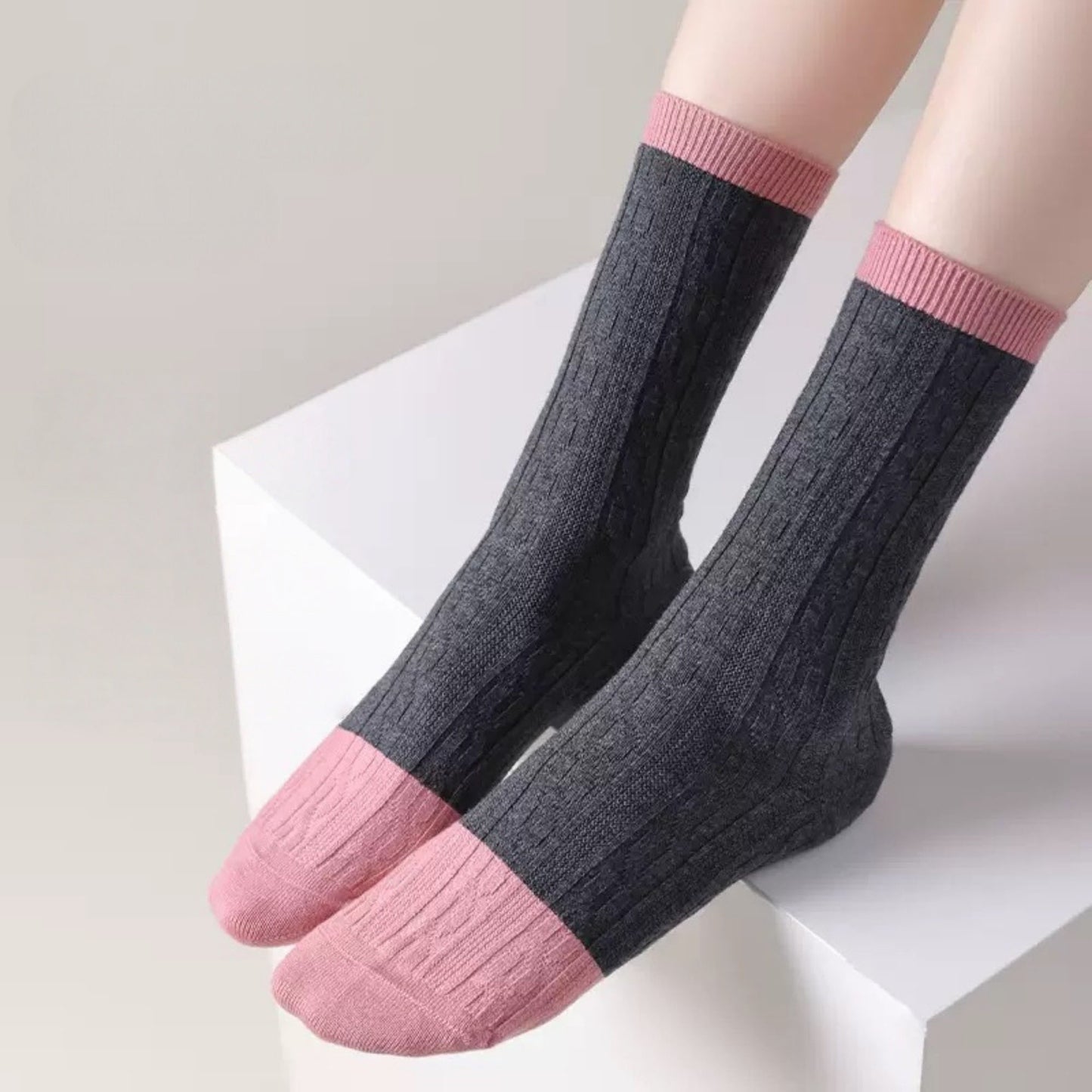 Anna-Kaci Women's 3 Pair Cable Knit Crew Socks with Contrast Color Block Design and Soft Stretch Comfort
