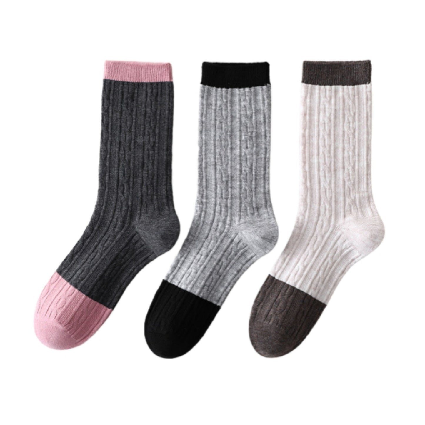 Anna-Kaci Women's 3 Pair Cable Knit Crew Socks with Contrast Color Block Design and Soft Stretch Comfort