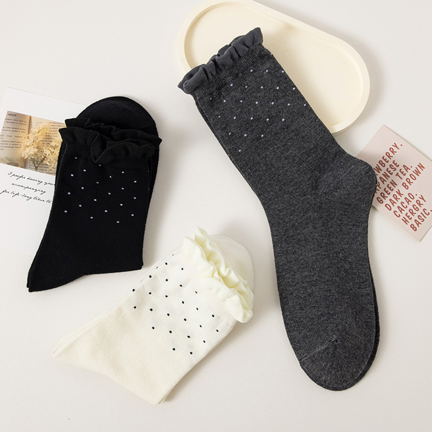 Anna-Kaci Women's 4 Pairs Knit Socks with Polka Dot Design Ruffle Edge Ribbed Cuffs Soft Stretch Fabric
