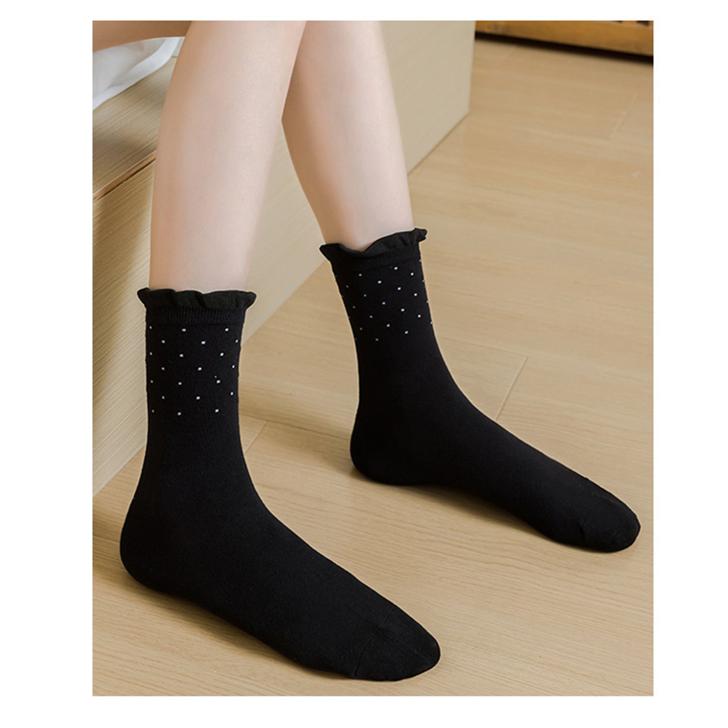 Anna-Kaci Women's 4 Pairs Knit Socks with Polka Dot Design Ruffle Edge Ribbed Cuffs Soft Stretch Fabric