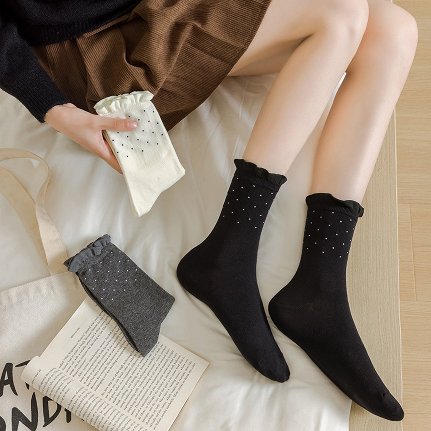 Anna-Kaci Women's 4 Pairs Knit Socks with Polka Dot Design Ruffle Edge Ribbed Cuffs Soft Stretch Fabric