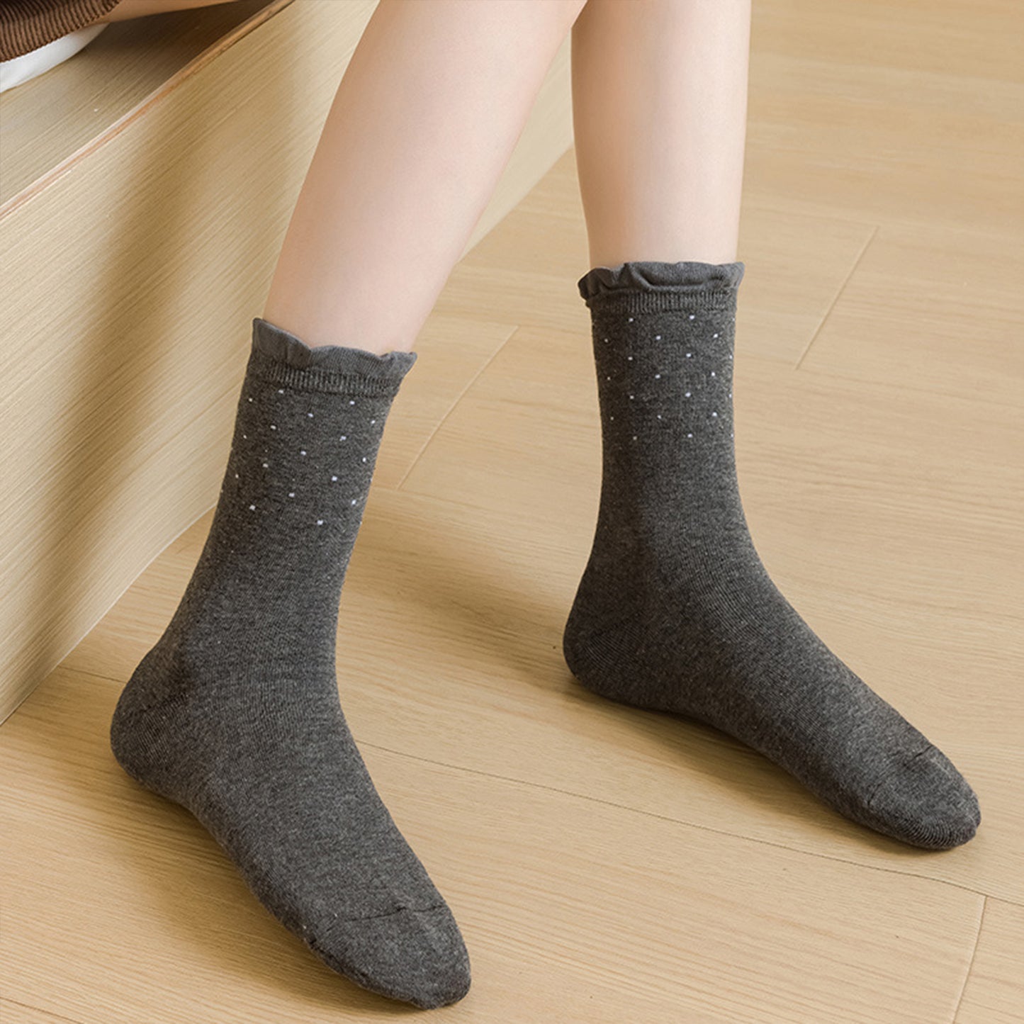 Anna-Kaci Women's 4 Pairs Knit Socks with Polka Dot Design Ruffle Edge Ribbed Cuffs Soft Stretch Fabric