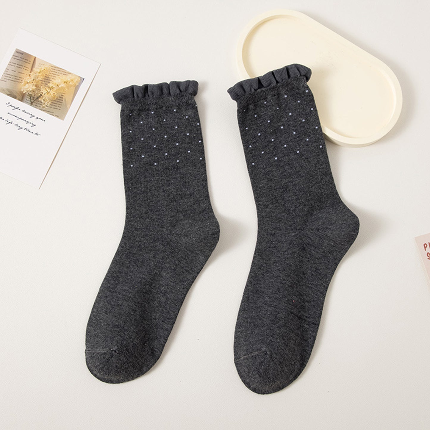 Anna-Kaci Women's 4 Pairs Knit Socks with Polka Dot Design Ruffle Edge Ribbed Cuffs Soft Stretch Fabric