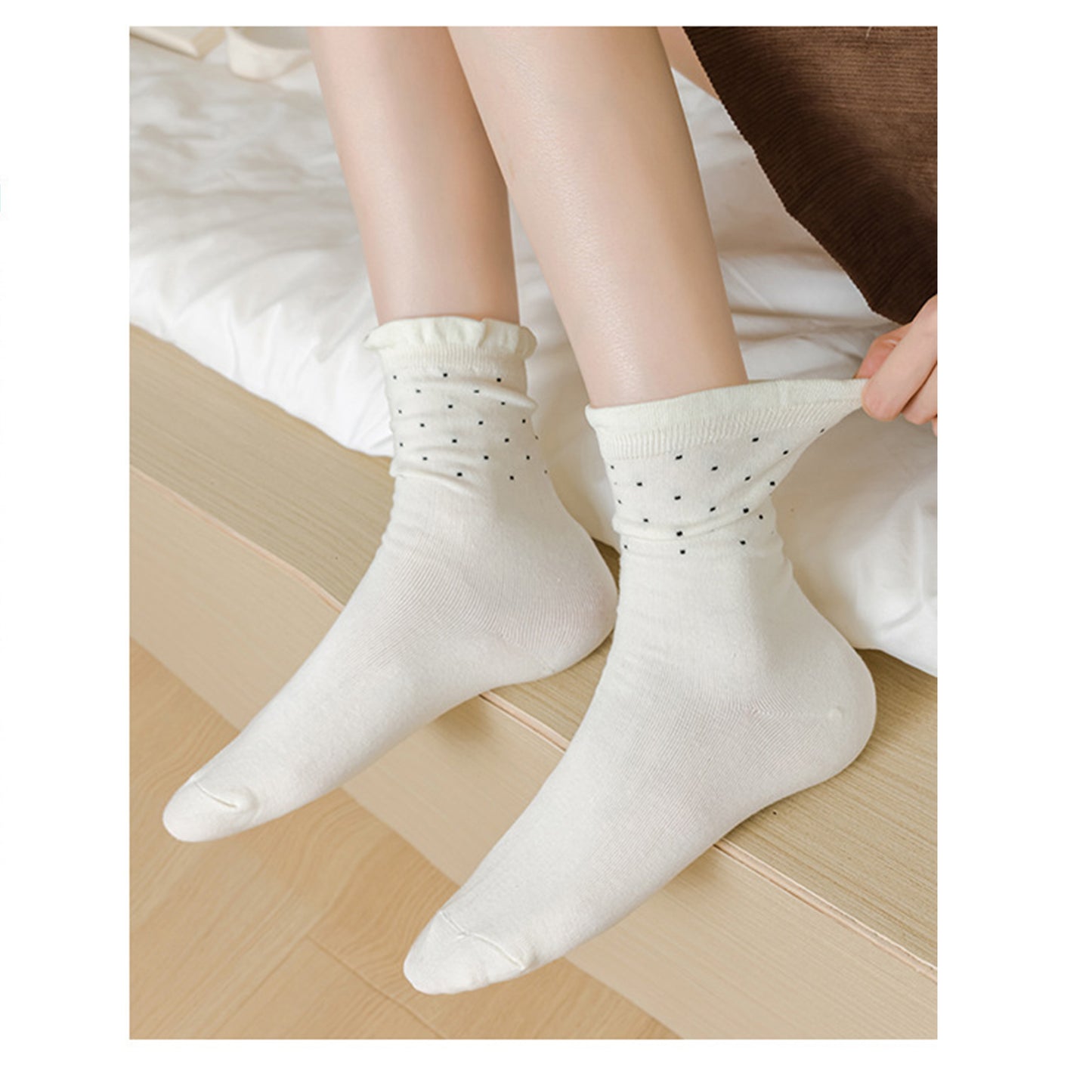 Anna-Kaci Women's 4 Pairs Knit Socks with Polka Dot Design Ruffle Edge Ribbed Cuffs Soft Stretch Fabric