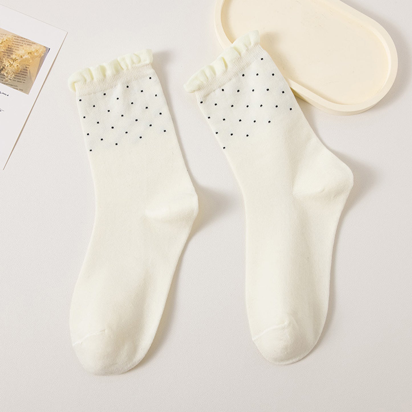 Anna-Kaci Women's 4 Pairs Knit Socks with Polka Dot Design Ruffle Edge Ribbed Cuffs Soft Stretch Fabric