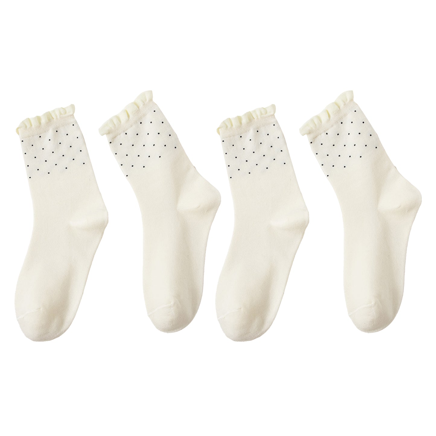 Anna-Kaci Women's 4 Pairs Knit Socks with Polka Dot Design Ruffle Edge Ribbed Cuffs Soft Stretch Fabric