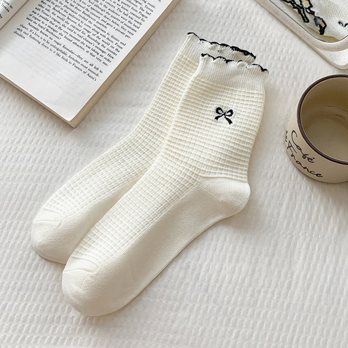Anna-Kaci Women's 3 Pairs Knit Socks with Waffle Texture Bow Embroidery Ruffled Edge Ribbed Cuffs