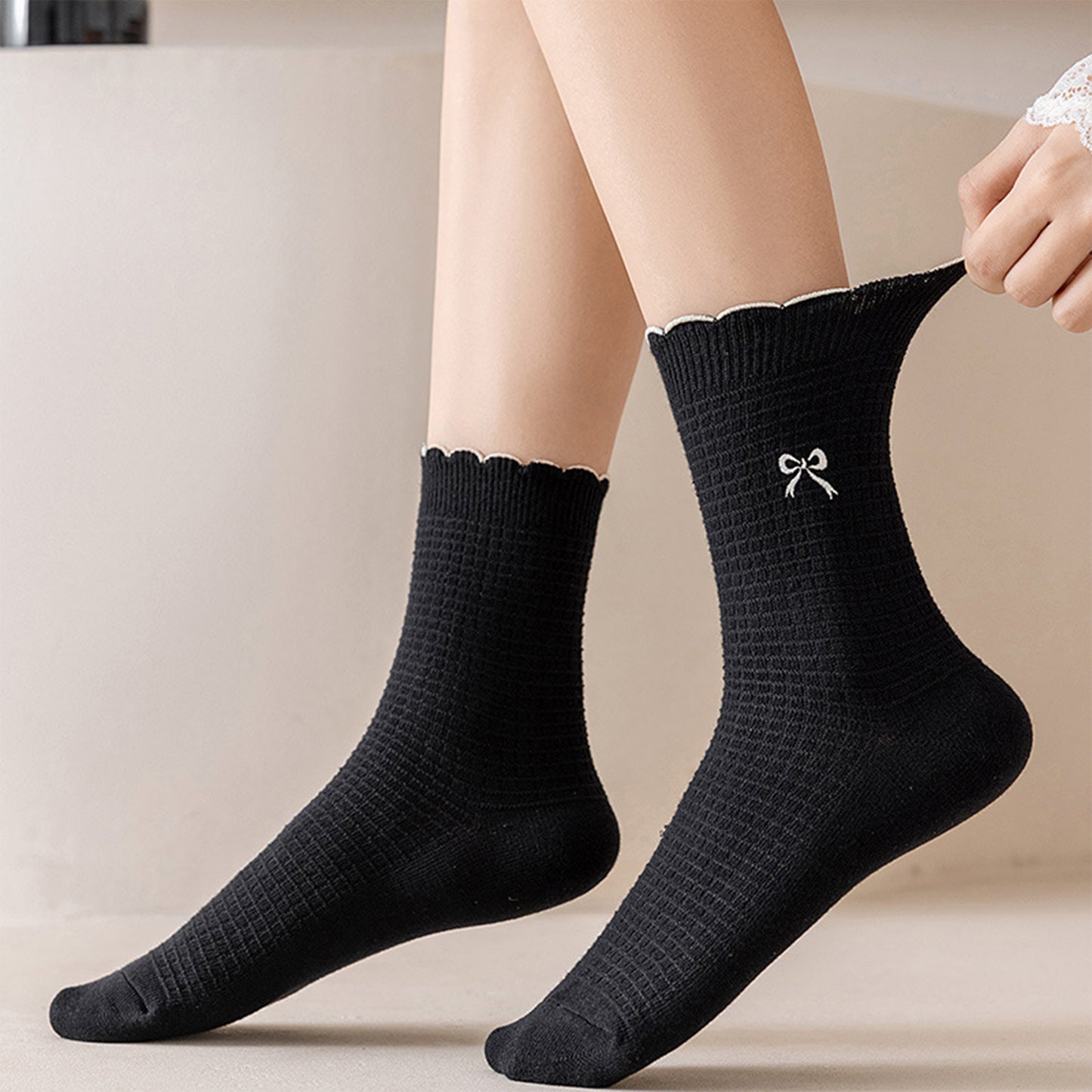 Anna-Kaci Women's 3 Pairs Knit Socks with Waffle Texture Bow Embroidery Ruffled Edge Ribbed Cuffs