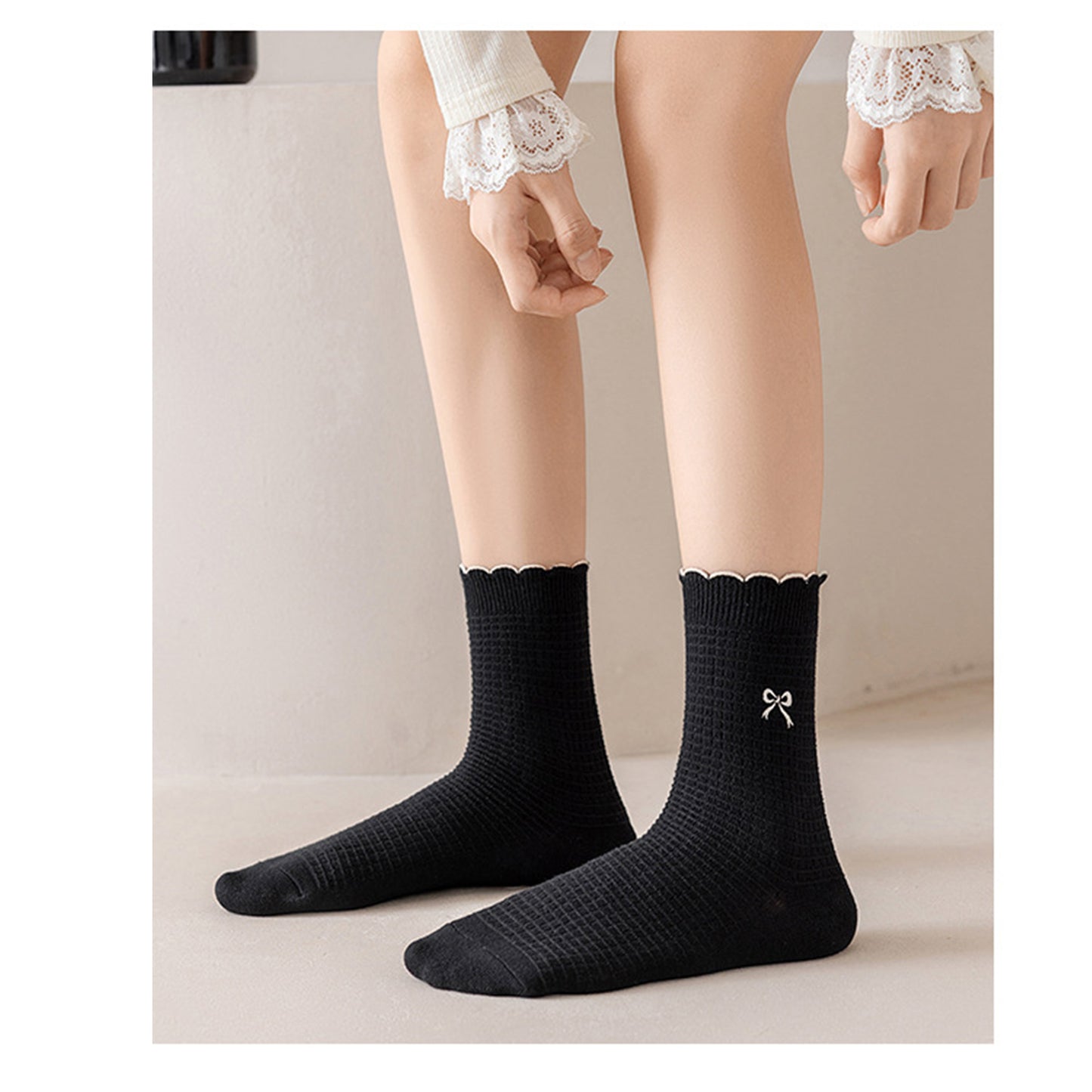 Anna-Kaci Women's 3 Pairs Knit Socks with Waffle Texture Bow Embroidery Ruffled Edge Ribbed Cuffs