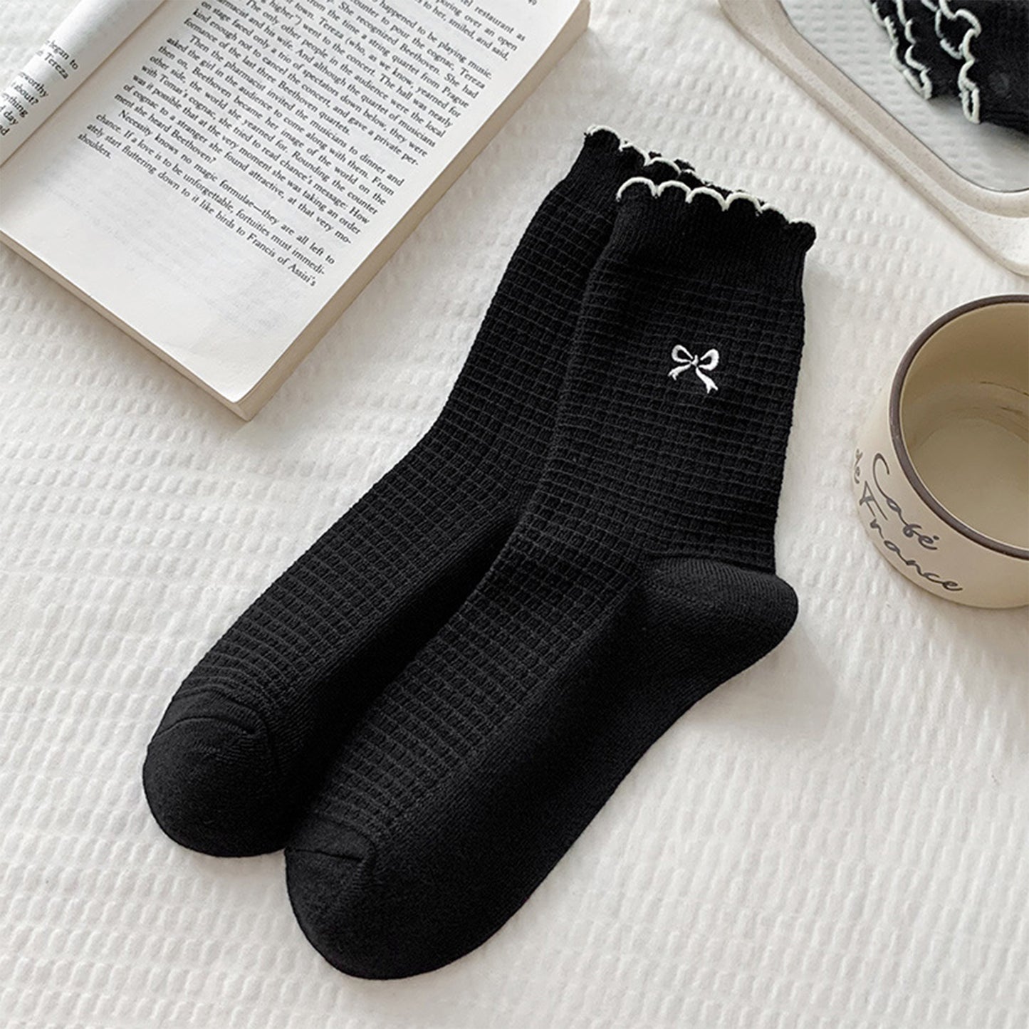 Anna-Kaci Women's 3 Pairs Knit Socks with Waffle Texture Bow Embroidery Ruffled Edge Ribbed Cuffs